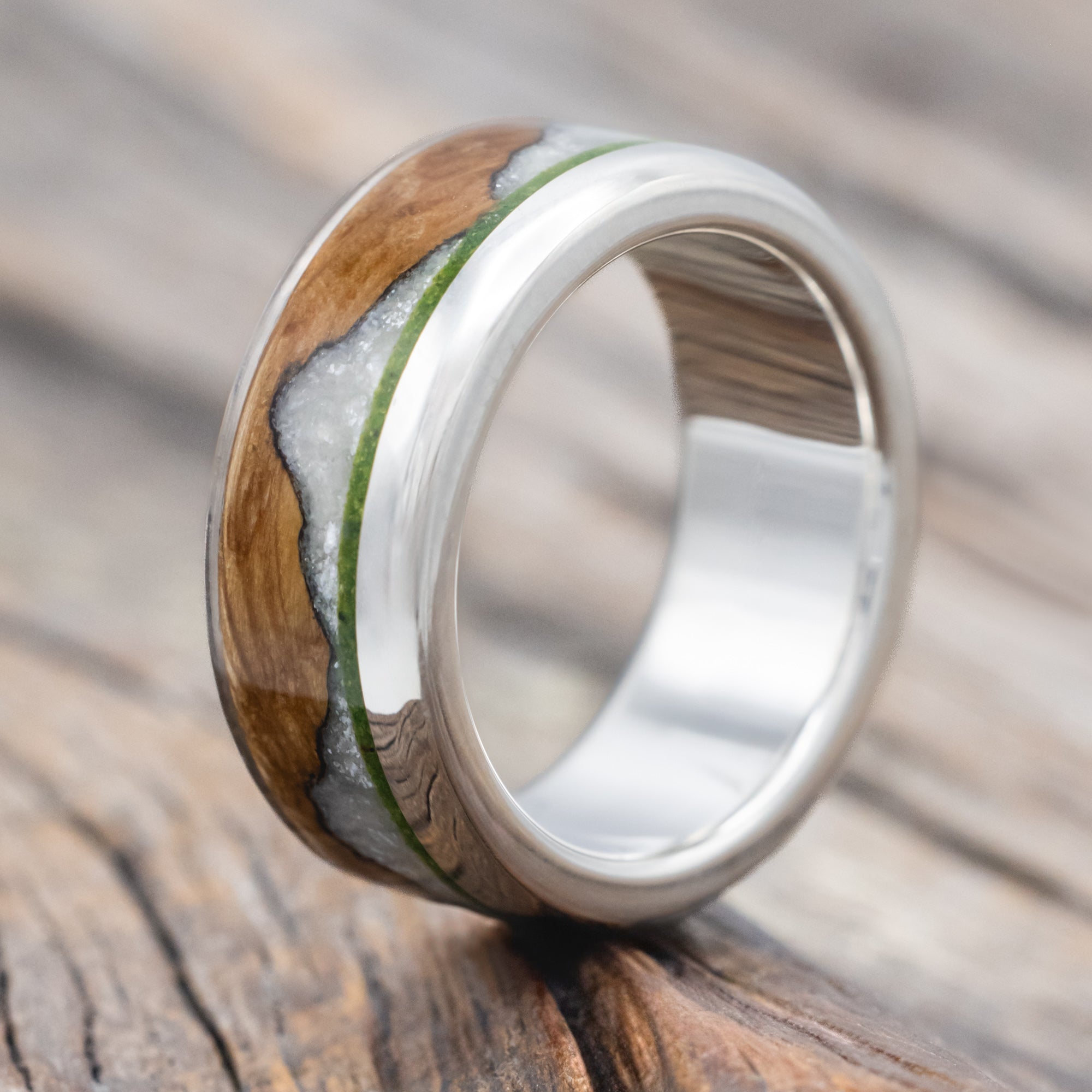 "EZRA" - WHISKEY BARREL OAK WITH DIAMOND DUST & MOSS INLAY WEDDING RING-Staghead Designs