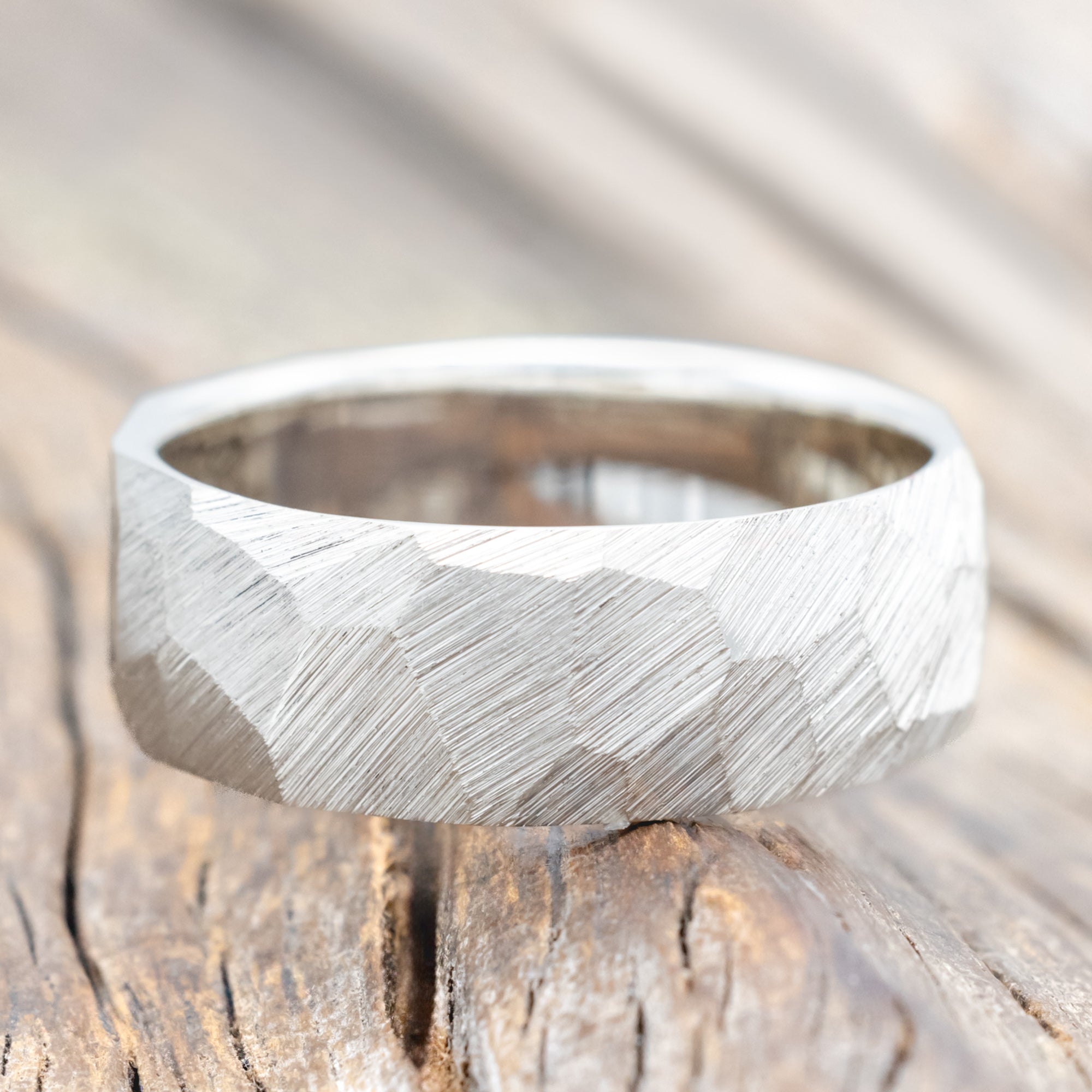 FACETED WEDDING RING WITH TEXTURED FINISH-Staghead Designs