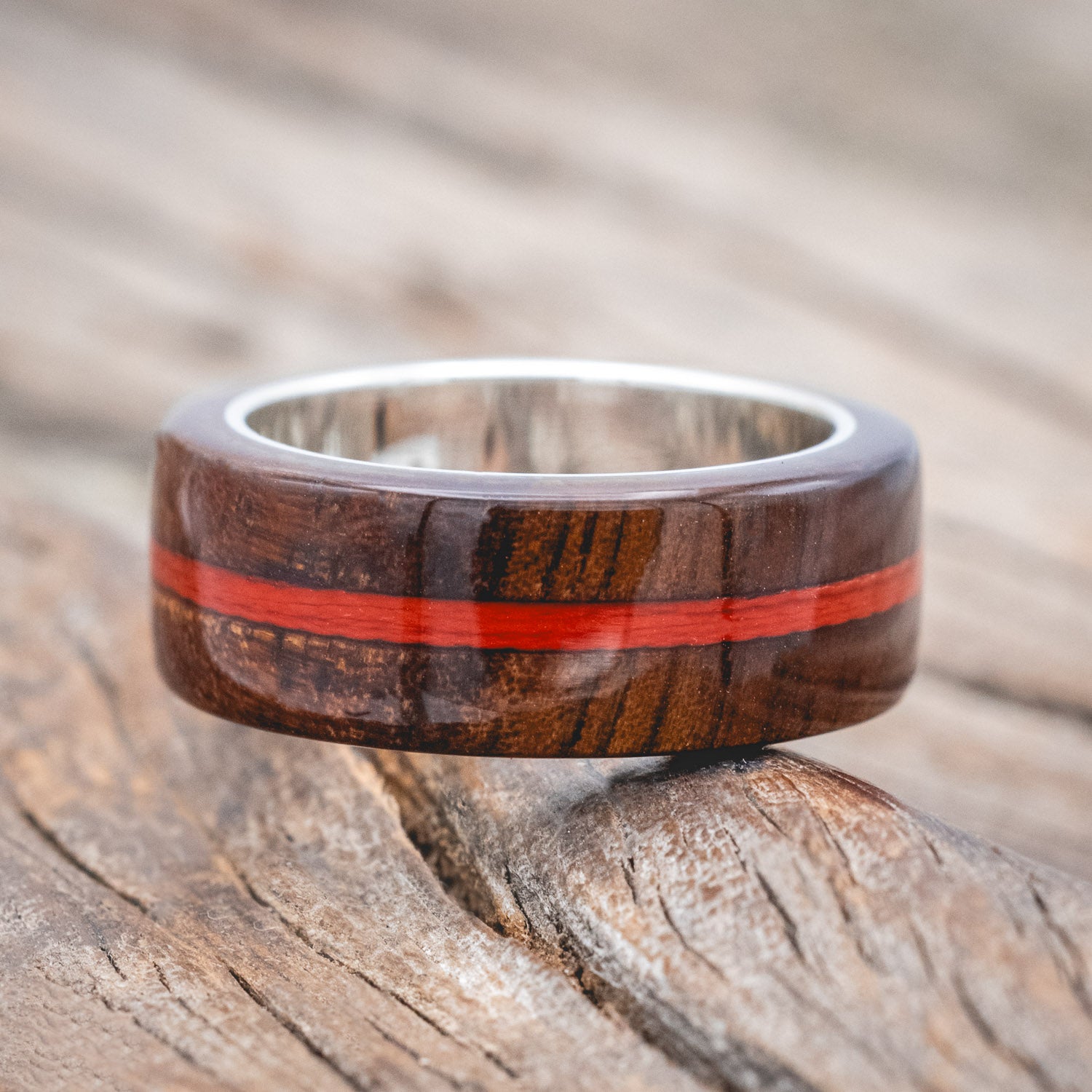 "Remmy" - men's wedding ring with koa wood overlays & centered red fishing line inlay