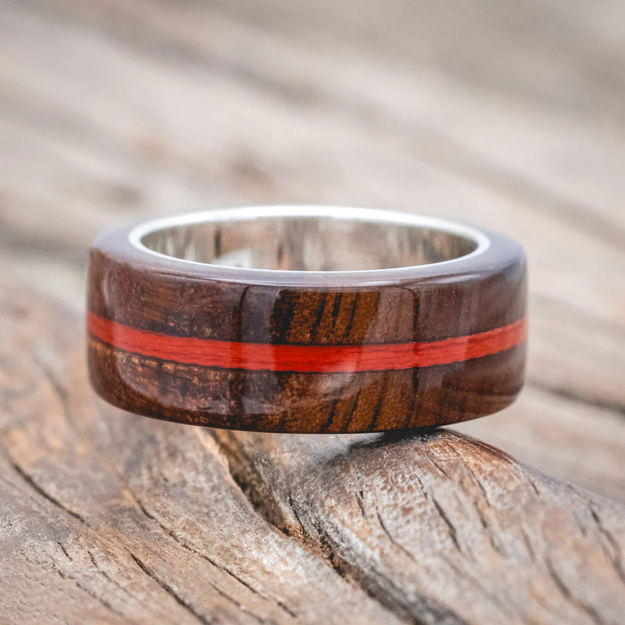 KOA WOOD WEDDING BAND WITH RED FISHING LINE INLAY - SILVER - SIZE 7-Staghead Designs
