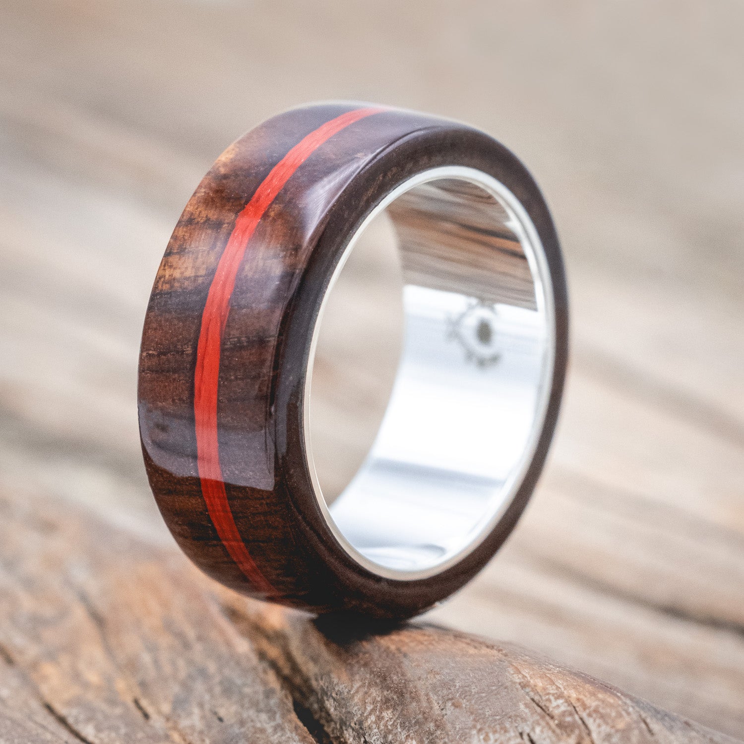 "Remmy" - men's wedding ring with koa wood overlays & centered red fishing line inlay