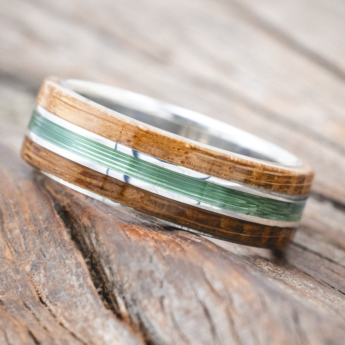 "GLEN" - WHISKEY BARREL OAK & FISHING LINE WEDDING RING-Staghead Designs