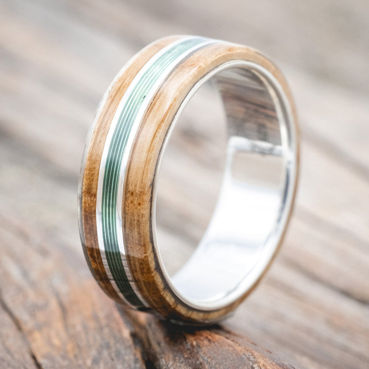 "GLEN" - WHISKEY BARREL OAK & FISHING LINE WEDDING RING-Staghead Designs