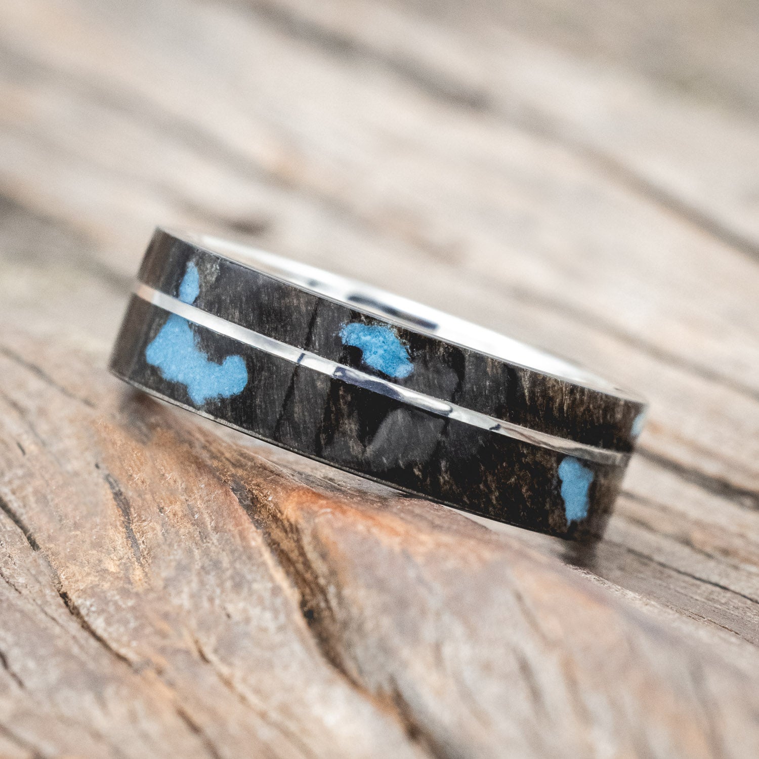 "GOLDEN" - BUCKEYE BURL WOOD & TURQUOISE INLAYS WEDDING BAND-Staghead Designs