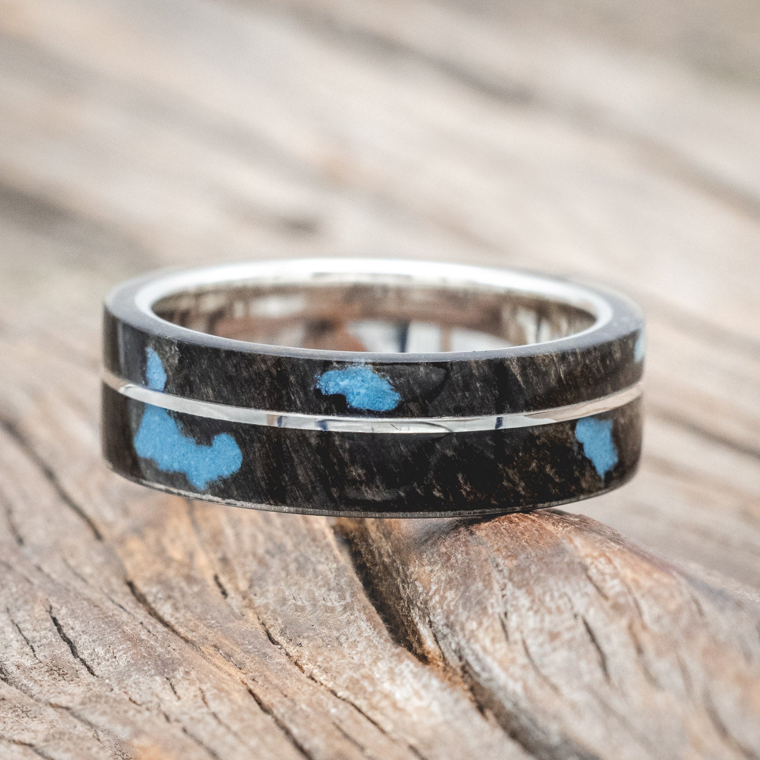 "GOLDEN" - BUCKEYE BURL WOOD & TURQUOISE INLAYS WEDDING BAND-Staghead Designs