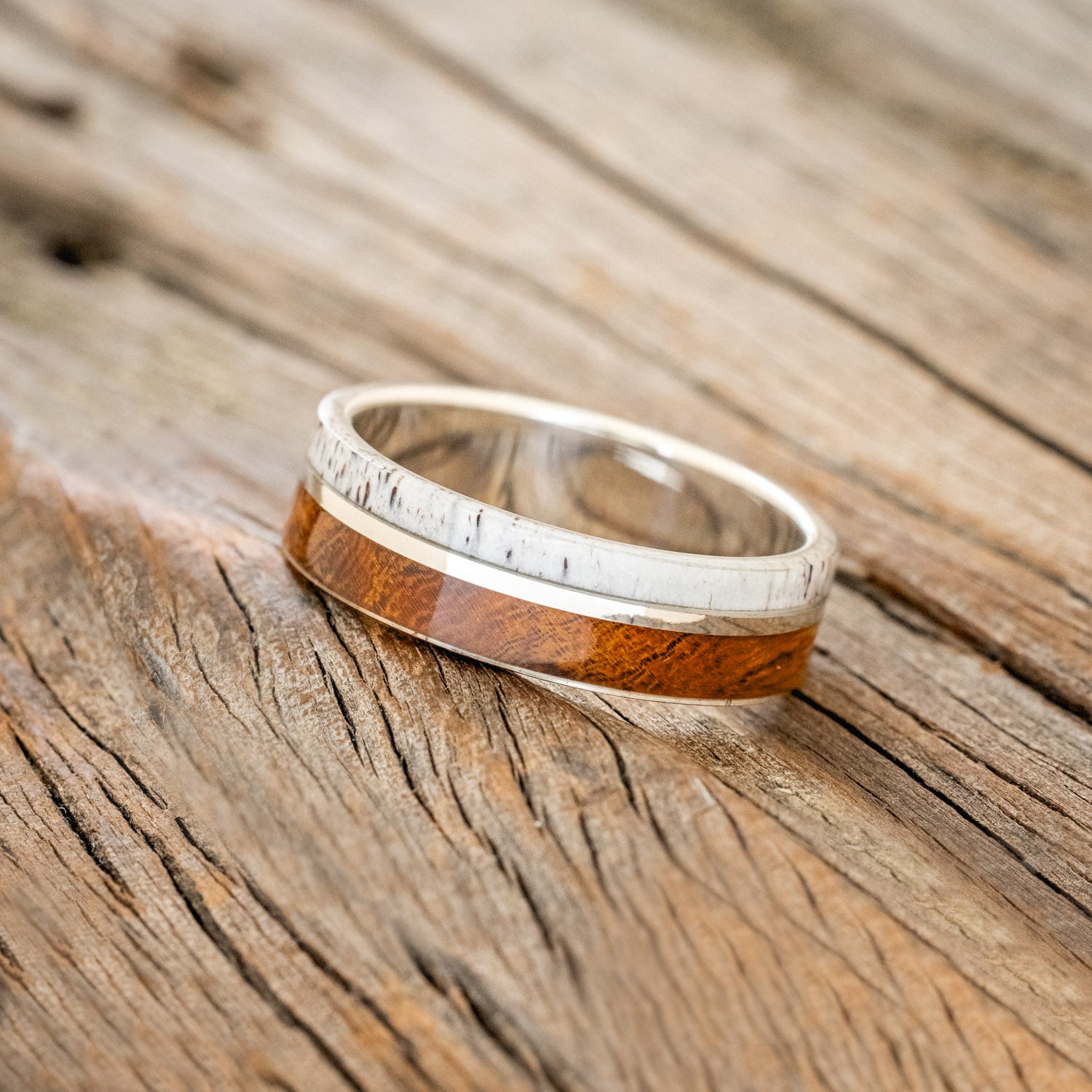 "GOLDEN" - IRONWOOD, ANTLER & 14K WHITE GOLD INLAY WEDDING BAND-5