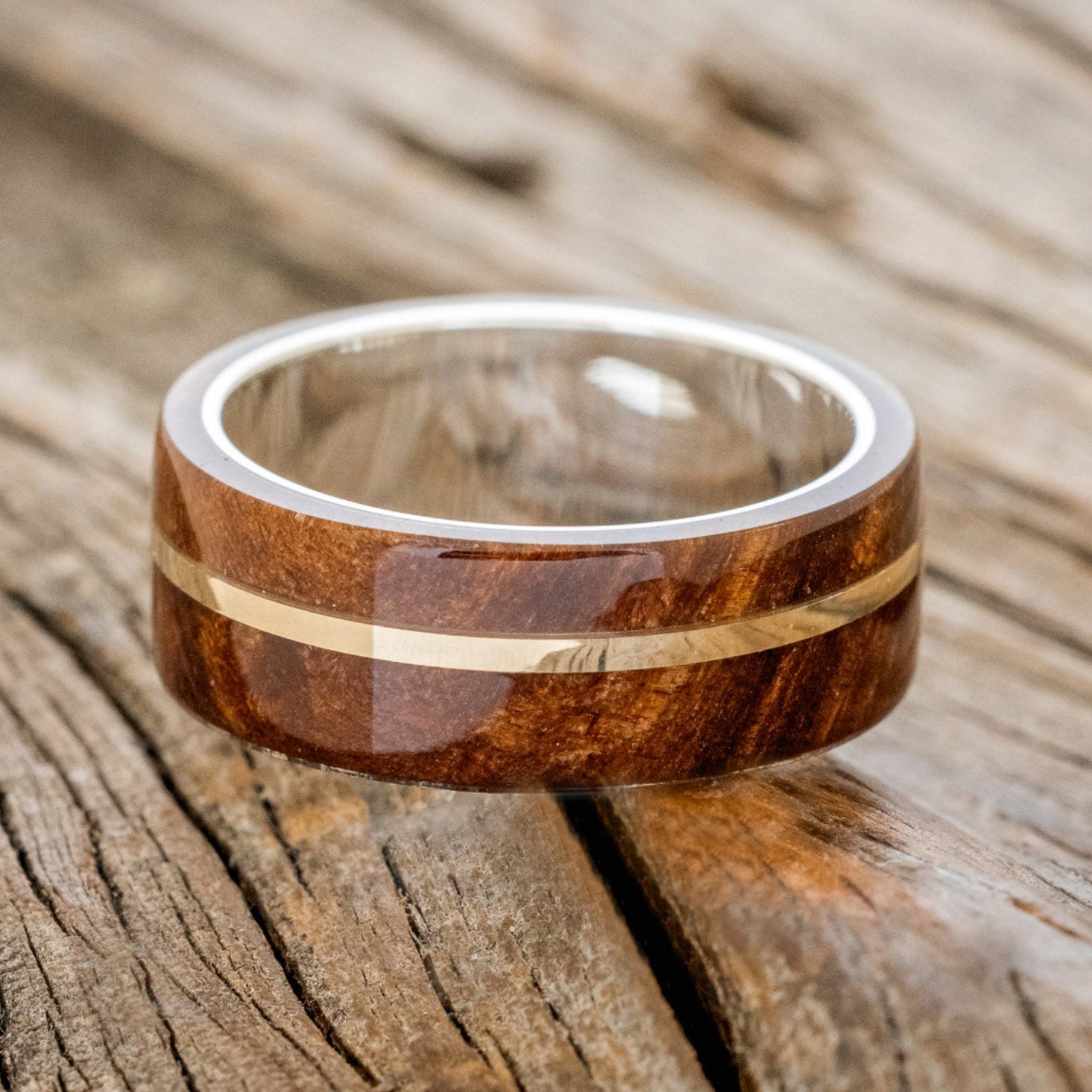 "GOLDEN" - REDWOOD & 14K GOLD INLAY WEDDING BAND-9