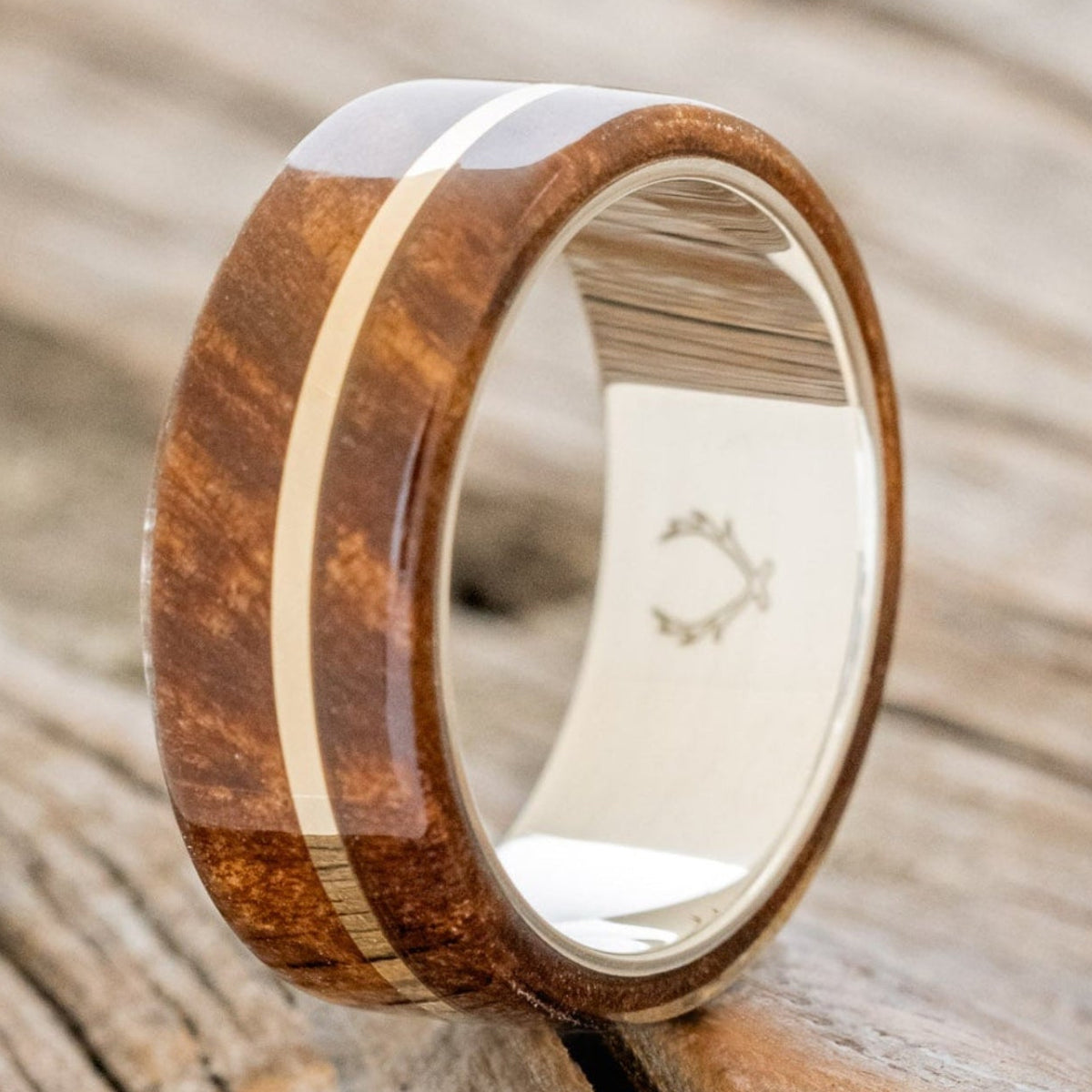 "GOLDEN" - REDWOOD & 14K GOLD INLAY WEDDING BAND-7