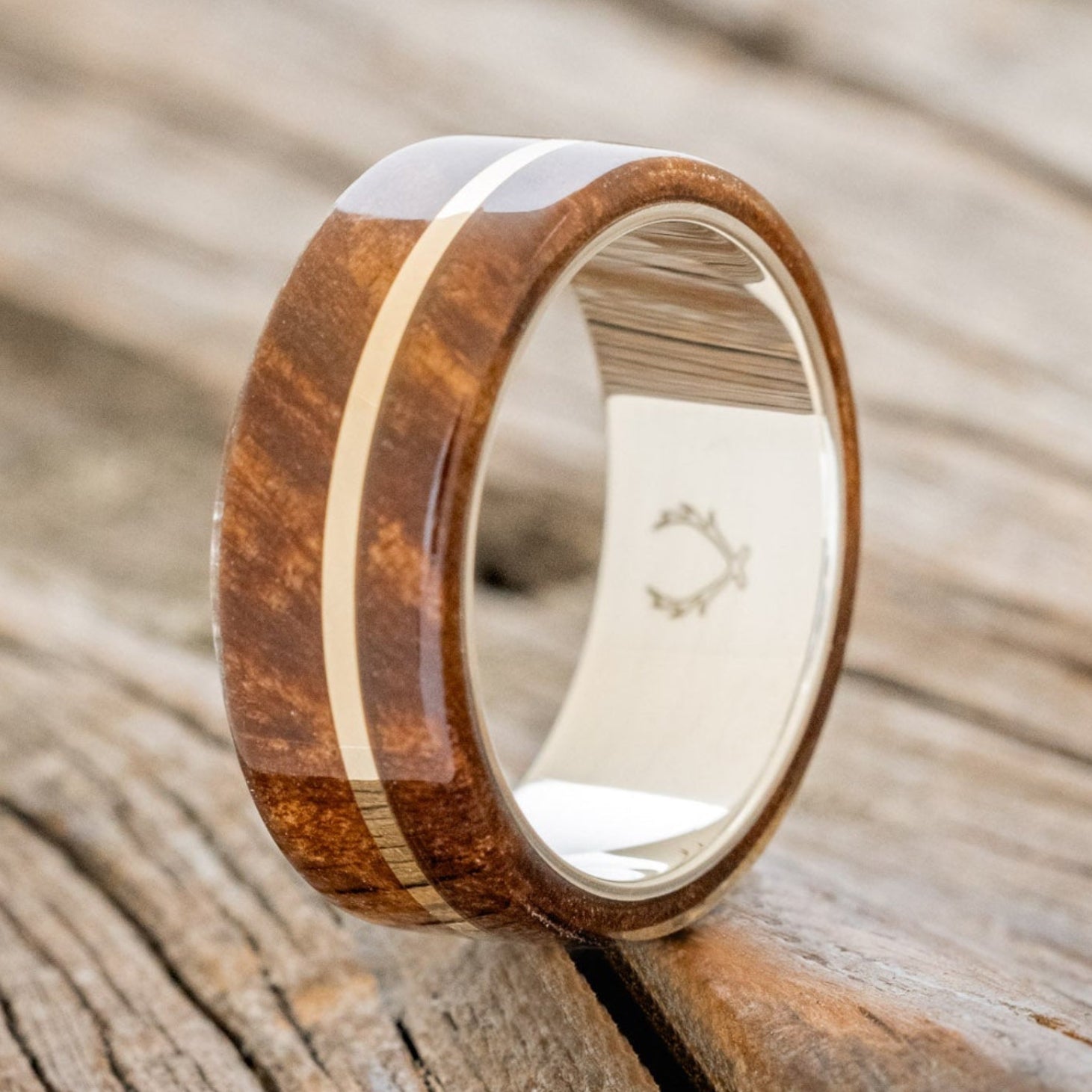 "GOLDEN" - REDWOOD & 14K GOLD INLAY WEDDING BAND-7