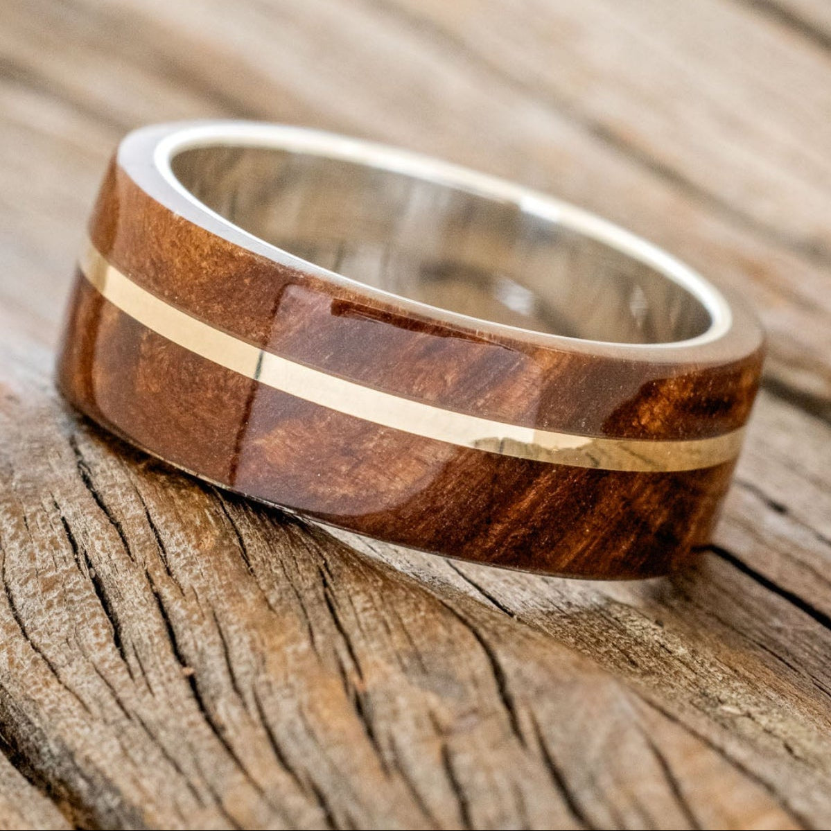 "GOLDEN" - REDWOOD & 14K GOLD INLAY WEDDING BAND-8