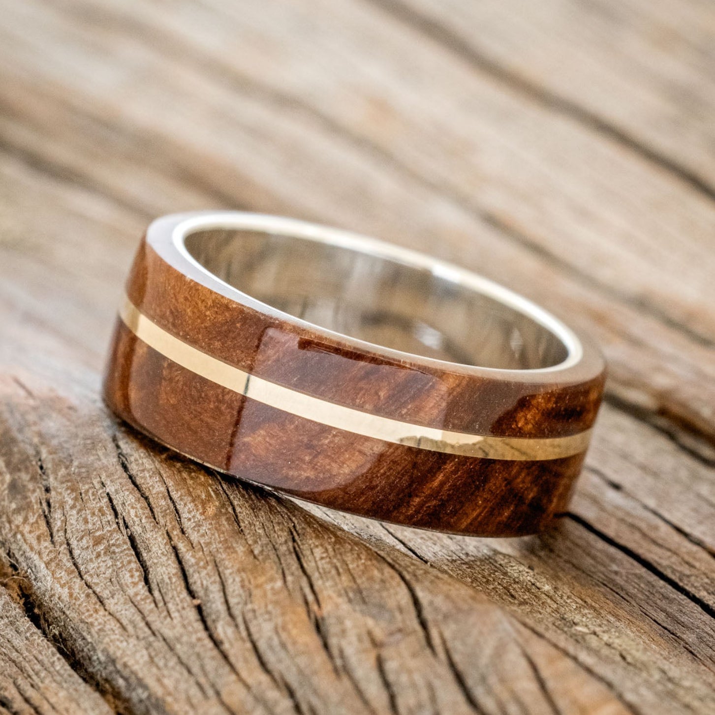 "GOLDEN" - REDWOOD & 14K GOLD INLAY WEDDING BAND-8