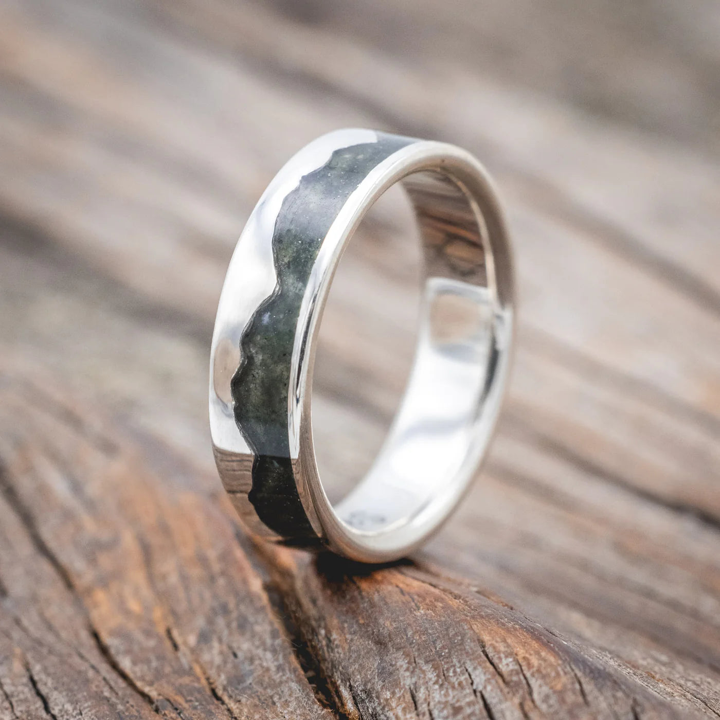 "HELIOS" - CRUSHED MOSS AGATE MOUNTAIN RANGE WEDDING BAND - SILVER (6MM) - SIZE 9 1/2-Staghead Designs