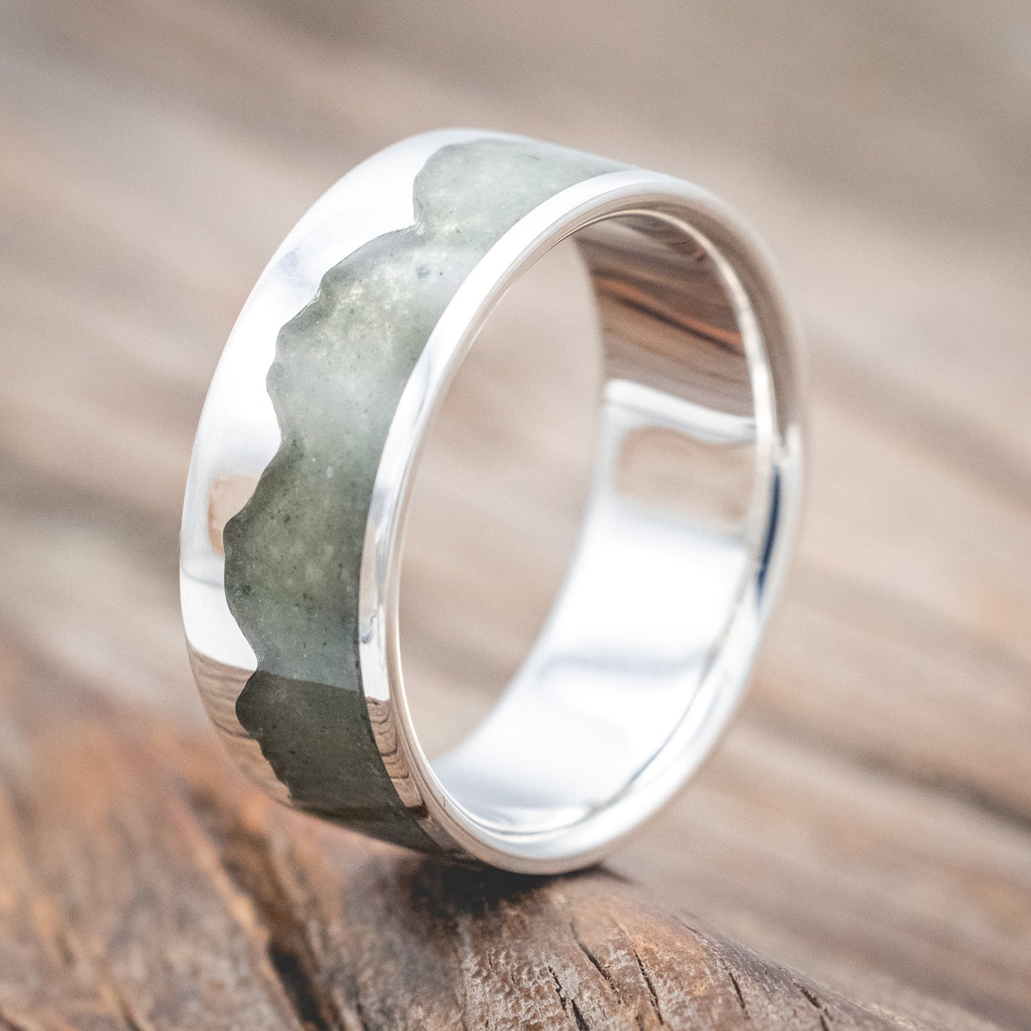 "HELIOS" - CRUSHED MOSS AGATE MOUNTAIN RANGE WEDDING BAND-Staghead Designs