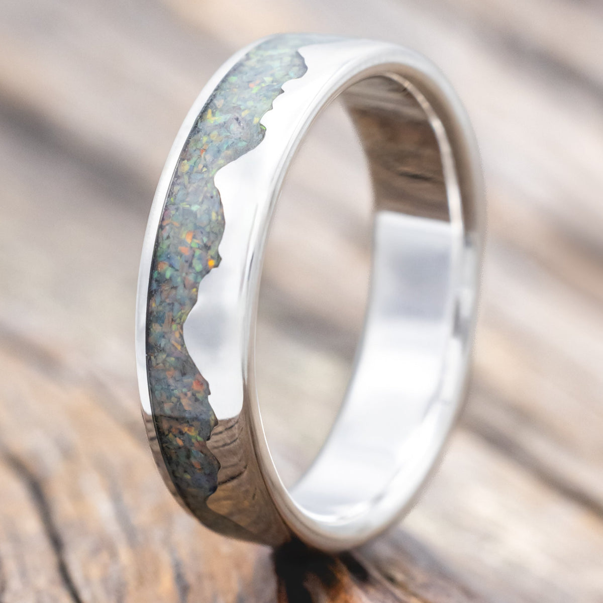 "Helios" - Fire And Ice Opal & 14K Gold Mountain Range Wedding Ring
