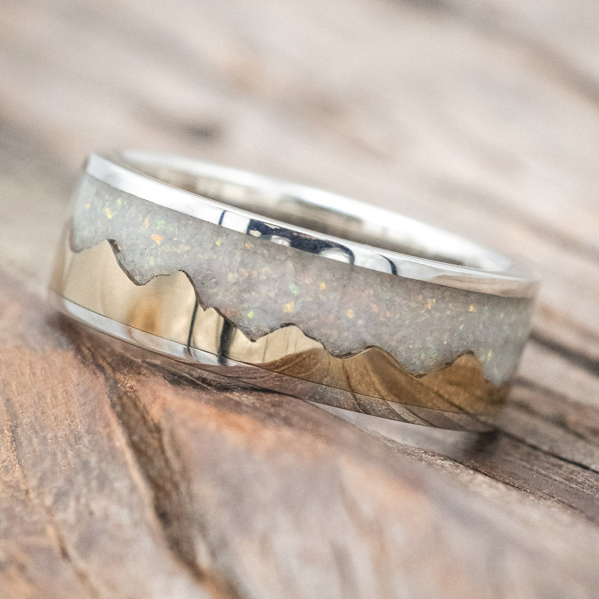 "HELIOS" - GOLD ANDES MOUNTAIN RANGE WITH FIRE AND ICE OPAL INLAY WEDDING BAND-Staghead Designs
