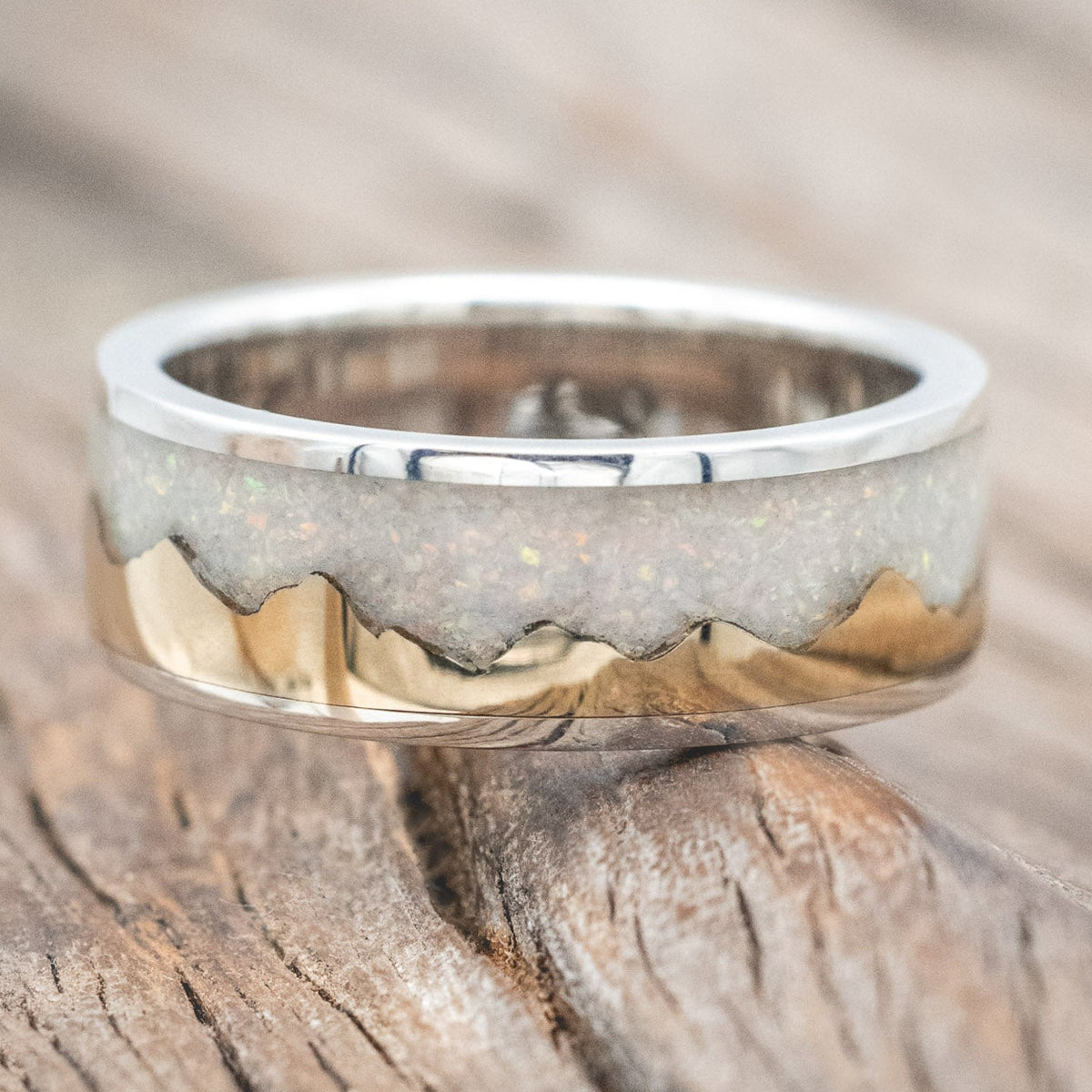 "HELIOS" - GOLD ANDES MOUNTAIN RANGE WITH FIRE AND ICE OPAL INLAY WEDDING BAND-Staghead Designs