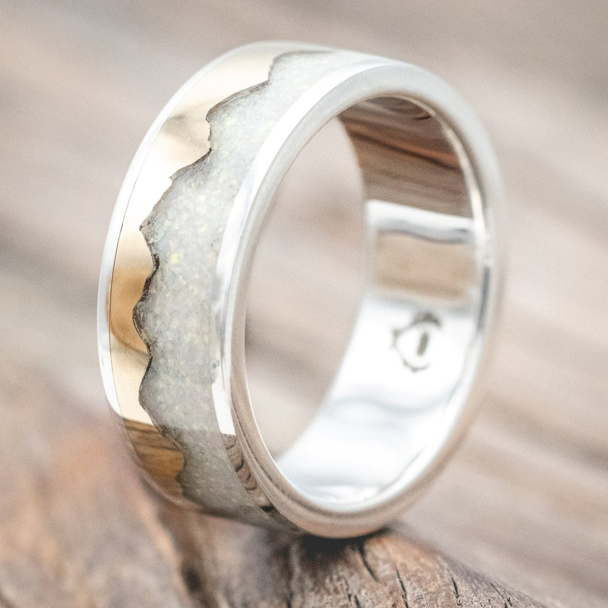 "HELIOS" - GOLD ANDES MOUNTAIN RANGE WITH FIRE AND ICE OPAL INLAY WEDDING BAND-Staghead Designs