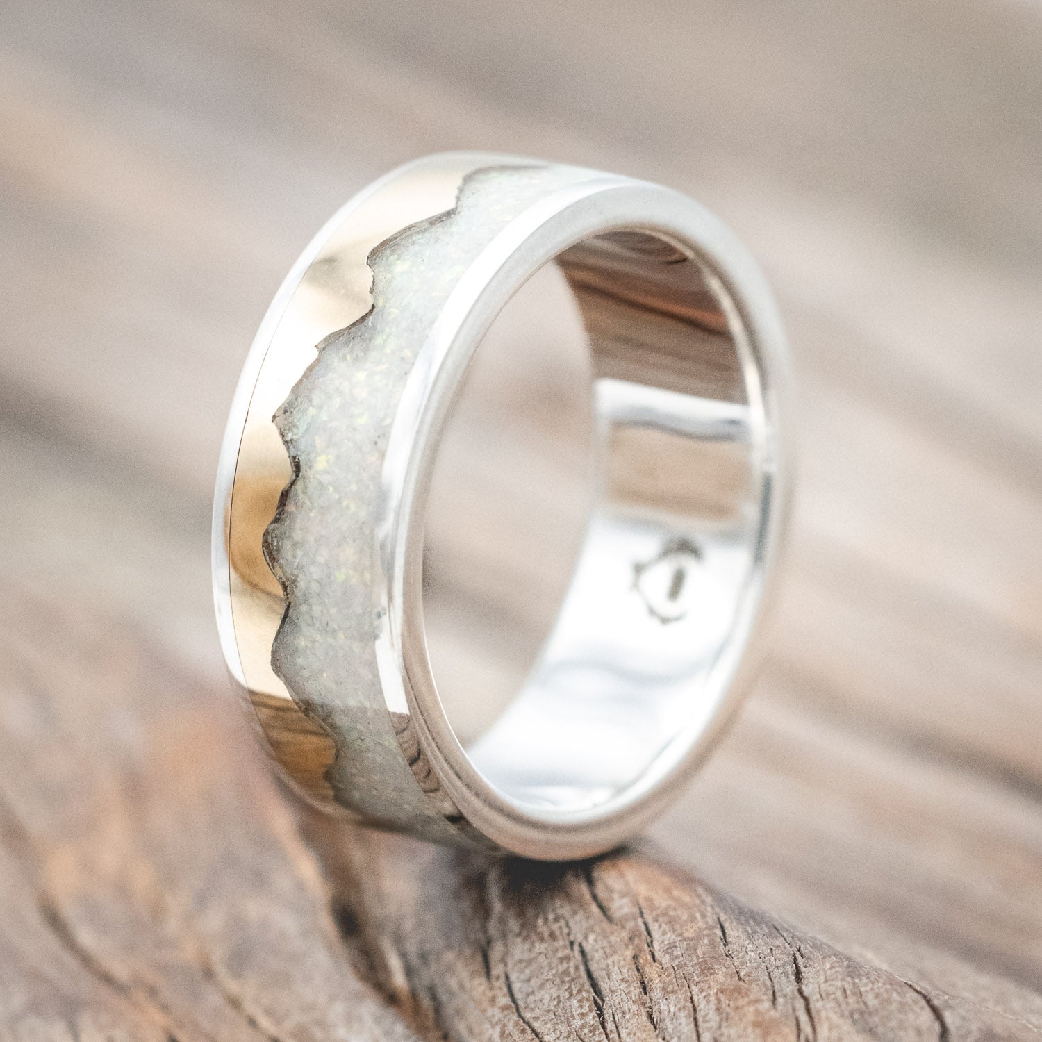 "HELIOS" - GOLD ANDES MOUNTAIN RANGE WITH FIRE AND ICE OPAL INLAY WEDDING BAND-Staghead Designs