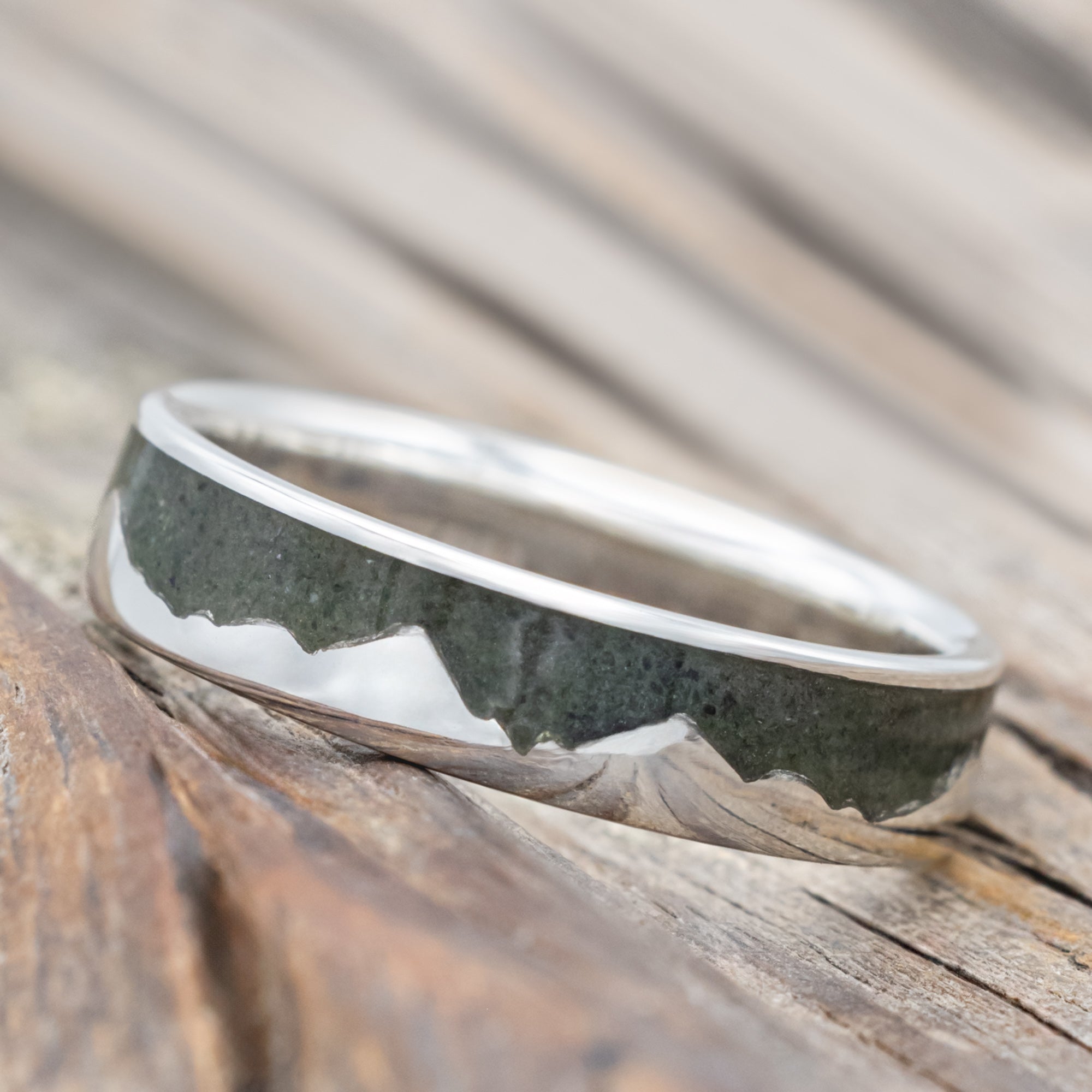 "Helios" - Crushed Moss Agate Mountain Range Wedding Band-Staghead Designs