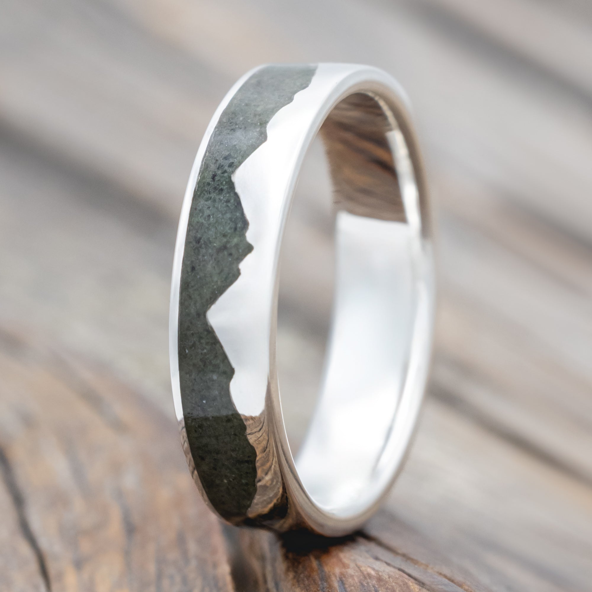 "Helios" - Crushed Moss Agate Mountain Range Wedding Band-Staghead Designs