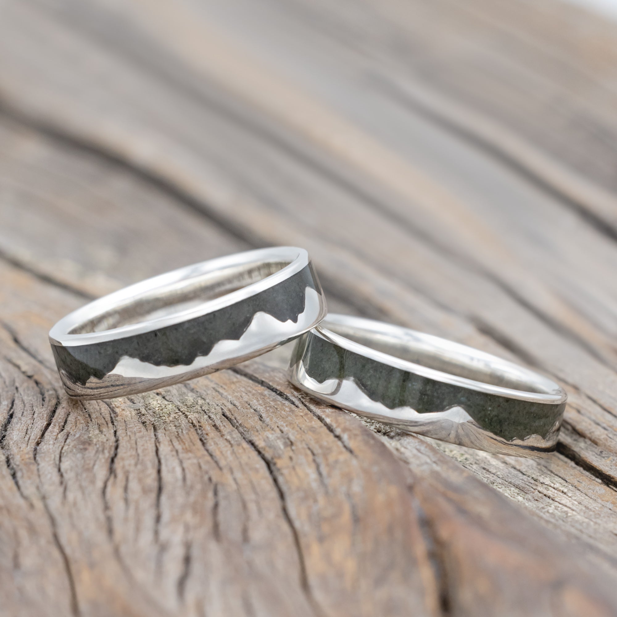 "Helios" - Matching Set Of Crushed Moss Agate Mountain Range Wedding Bands-Staghead Designs