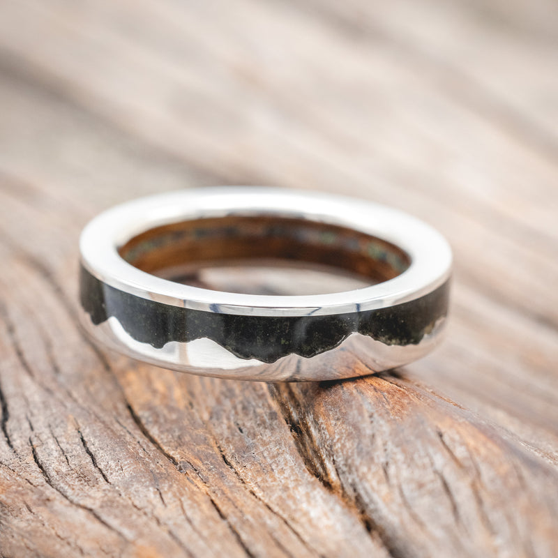 "HELIOS" - MOSS MOUNTAIN RANGE WEDDING BAND WITH WHISKEY BARREL & BLACK FIRE OPAL LINING-Staghead Designs