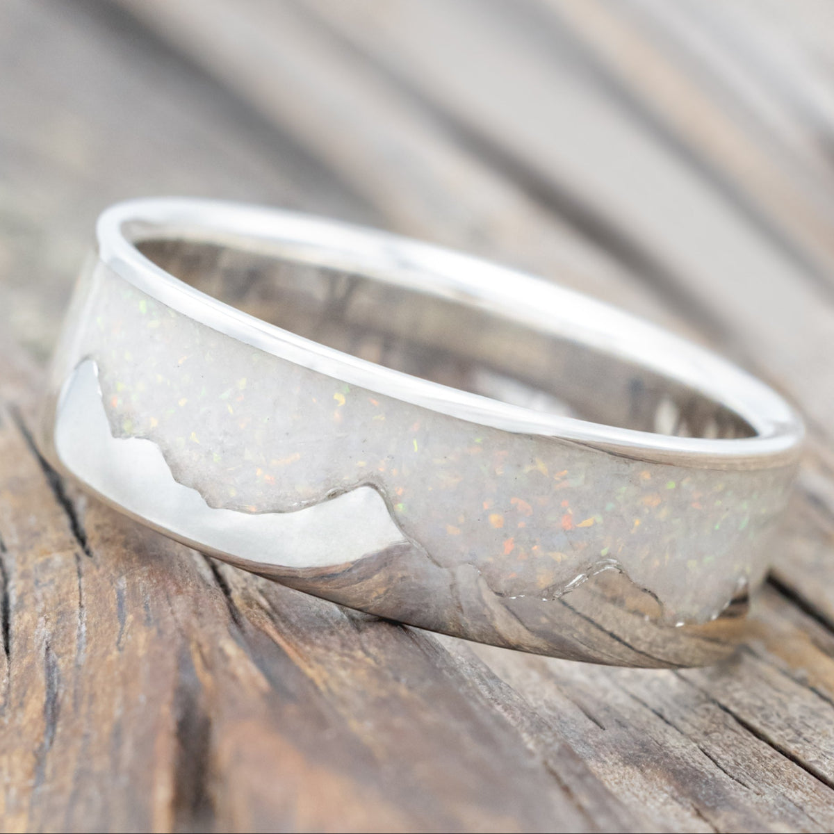 "Helios" - Fire And Ice Opal & 14K Gold Mountain Range Wedding Ring