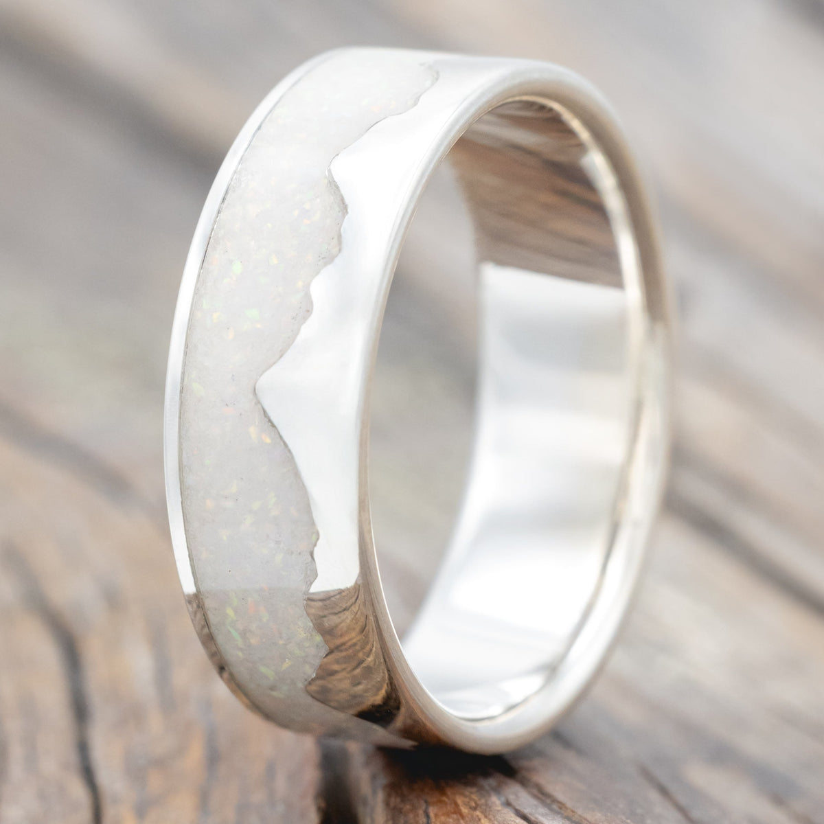 "Helios" - Fire And Ice Opal & 14K Gold Mountain Range Wedding Ring