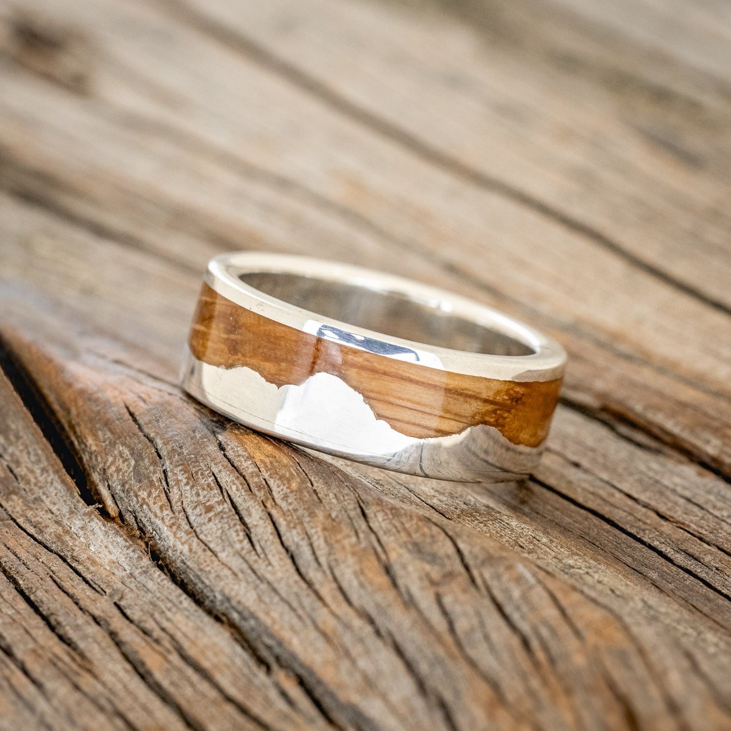 "HELIOS" - WHISKEY BARREL OAK & SILVER TETON MOUNTAIN RANGE WEDDING BAND-8