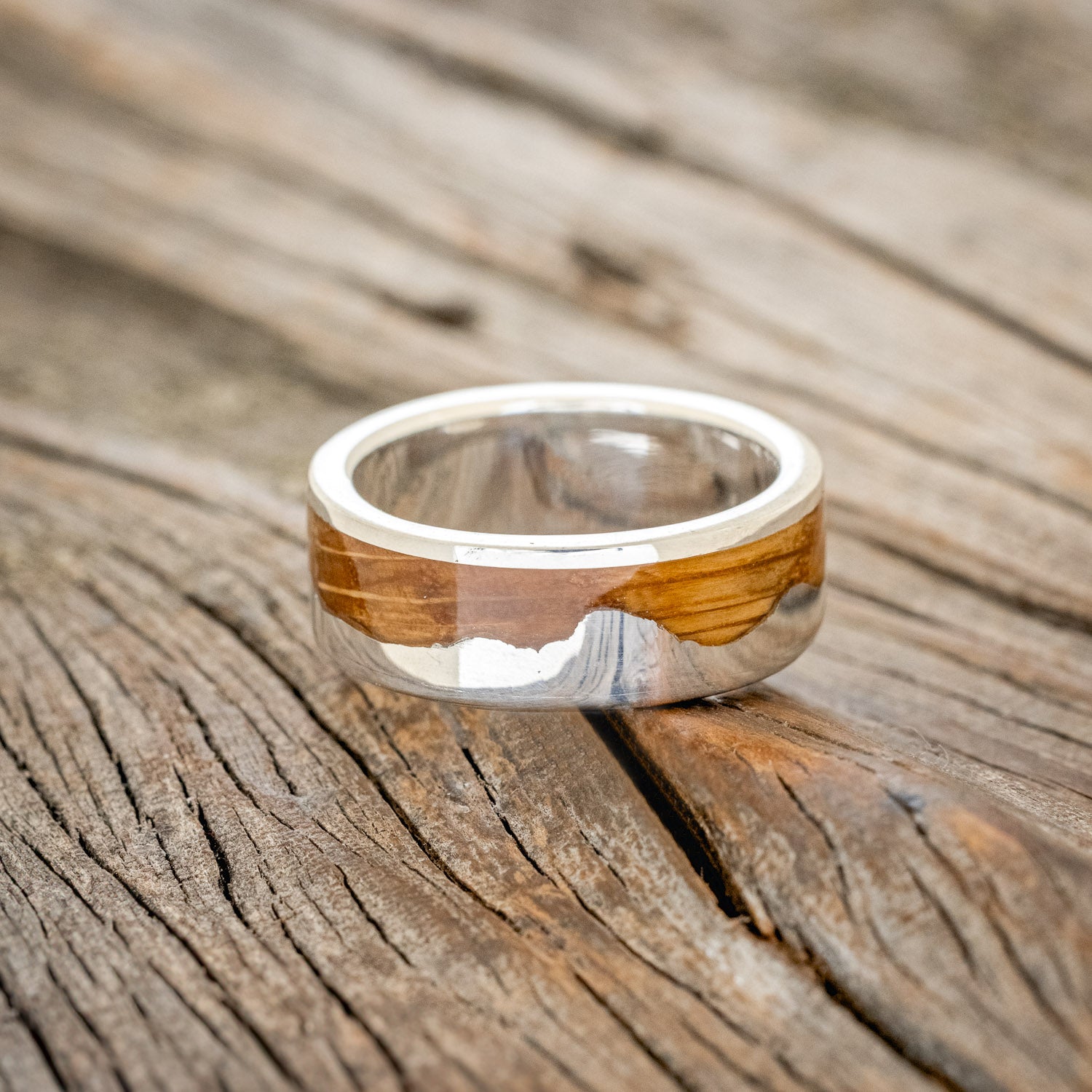 "HELIOS" - WHISKEY BARREL OAK & SILVER TETON MOUNTAIN RANGE WEDDING BAND-9