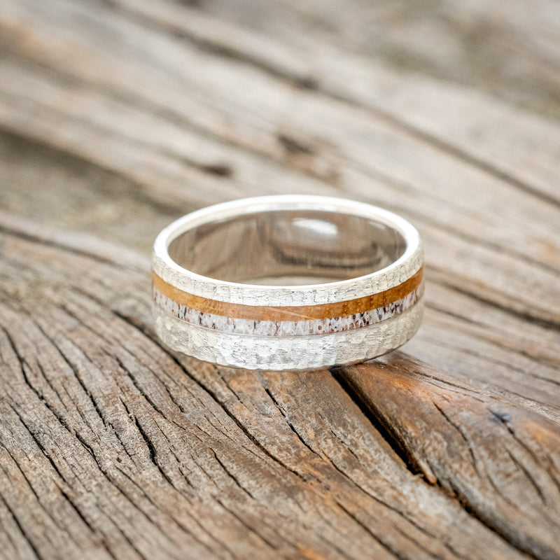 "CASTOR" - ANTLER & WHISKEY BARREL WEDDING RING FEATURING A HAMMERED BAND-9