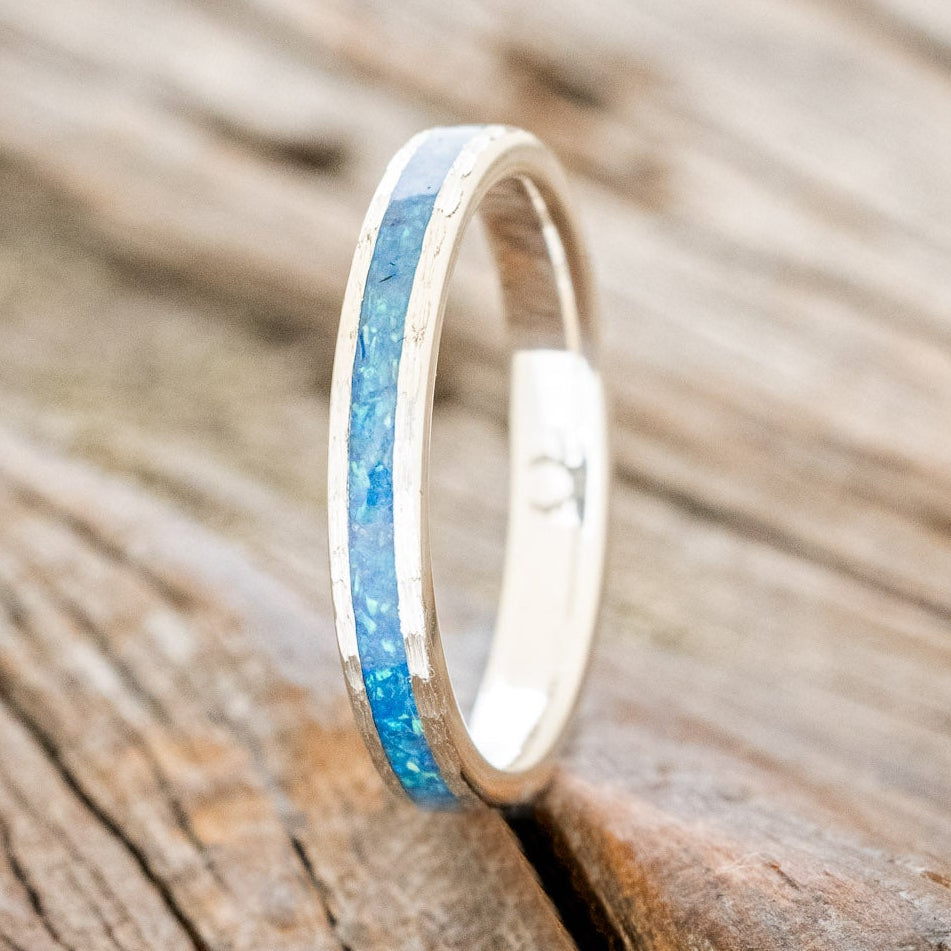 "ETERNA"- BLUE OPAL STACKING WEDDING BAND WITH A HAMMERED FINISH-4
