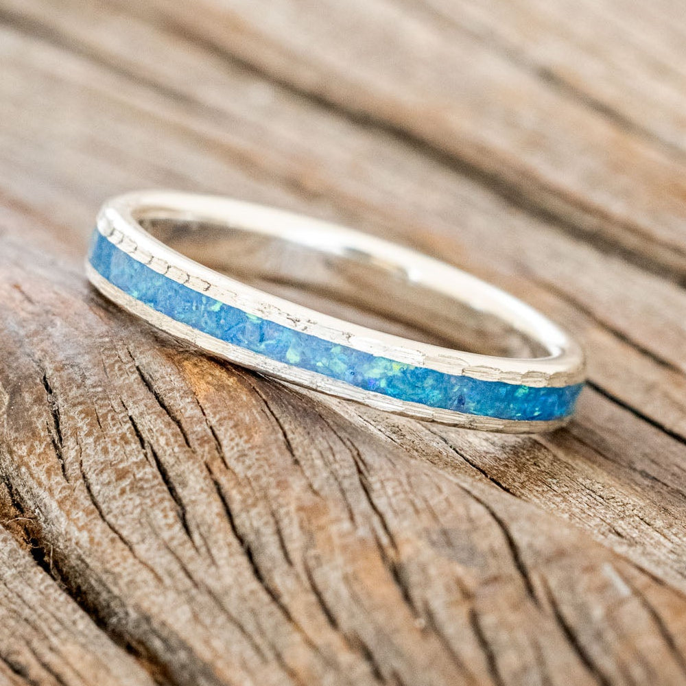 "ETERNA"- BLUE OPAL STACKING WEDDING BAND WITH A HAMMERED FINISH-5
