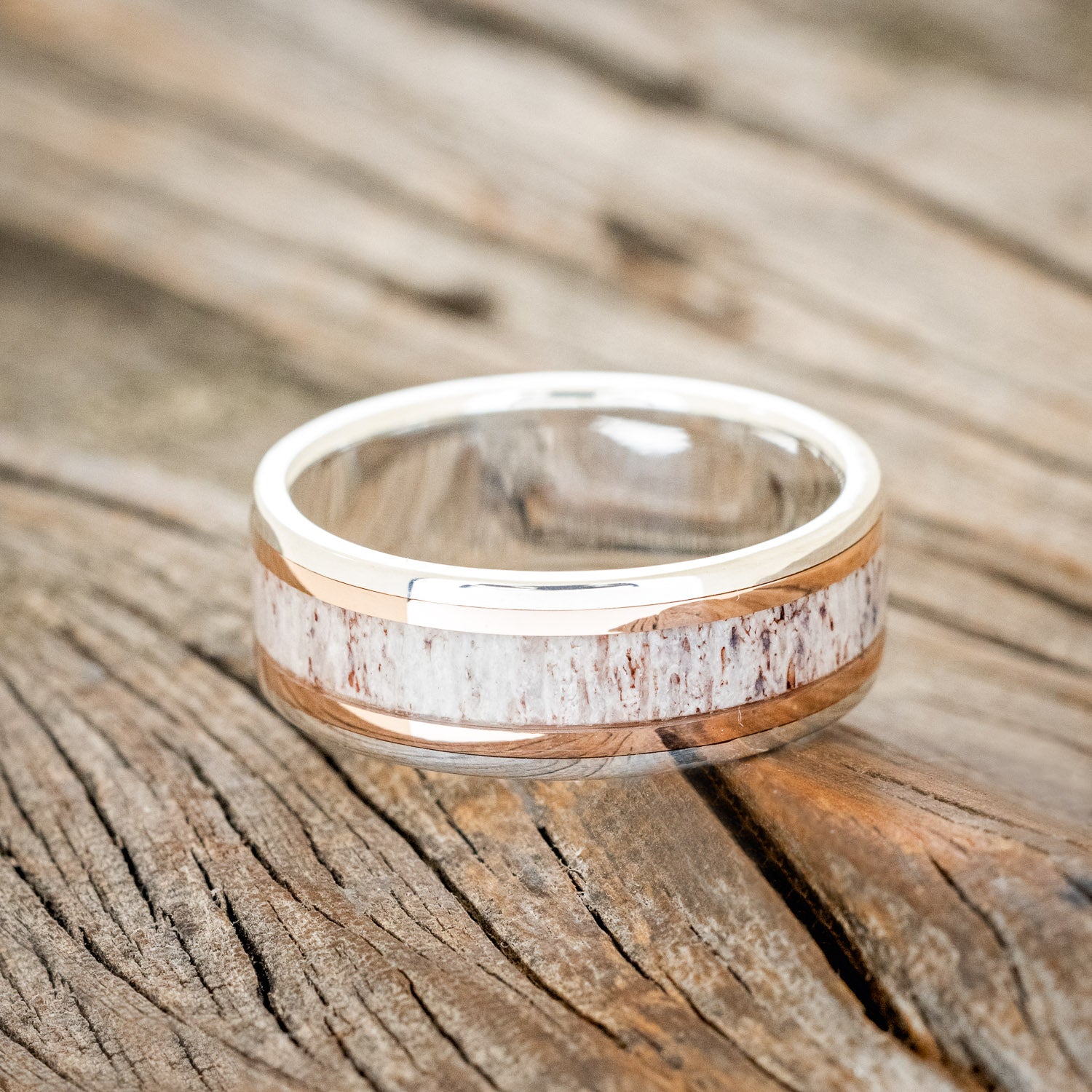 "HOLLIS" - ANTLER & 14K GOLD INLAYS WEDDING RING WITH A HAMMERED FINISH-9