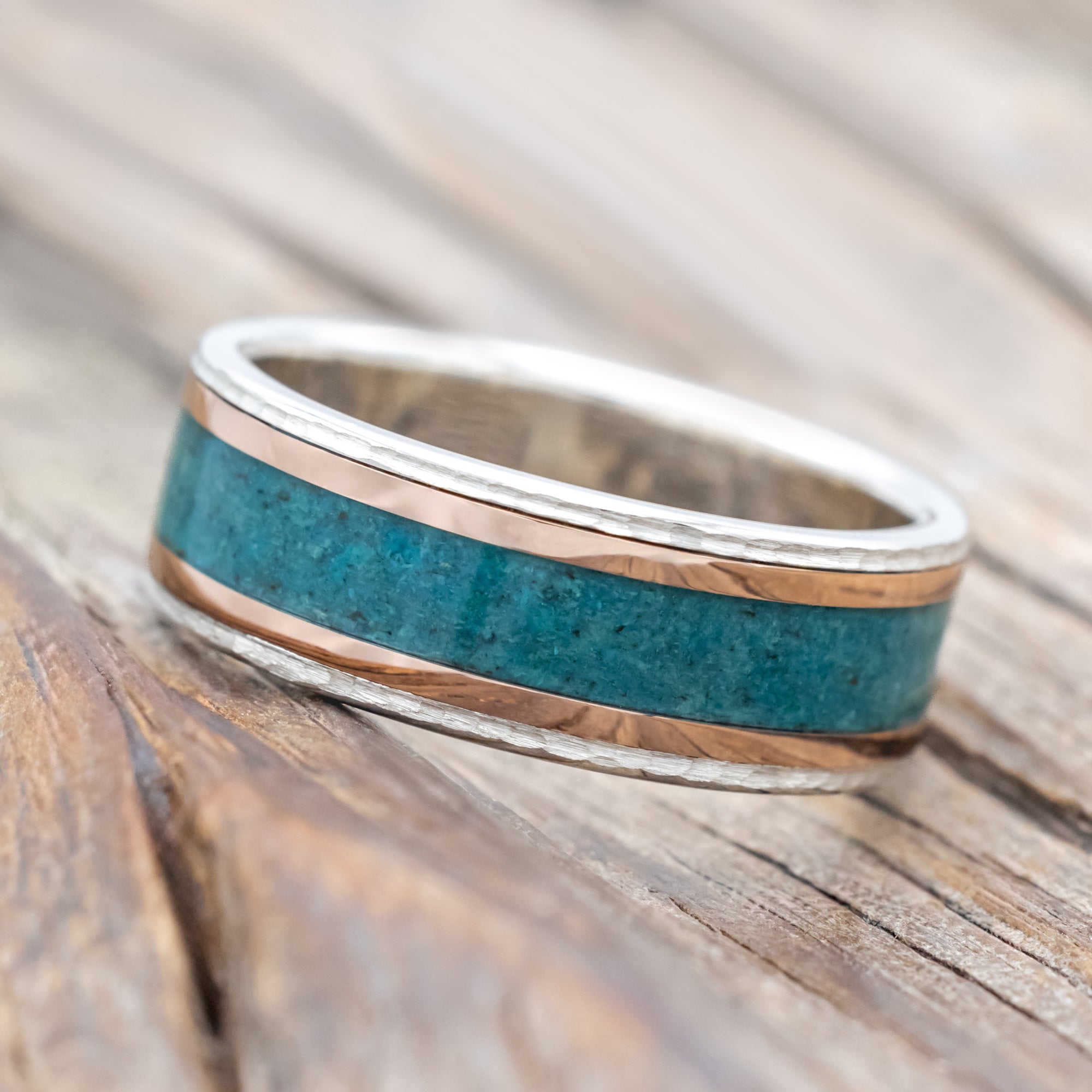 "HOLLIS" - CHRYSOCOLLA & 14K GOLD INLAYS WEDDING RING-Staghead Designs