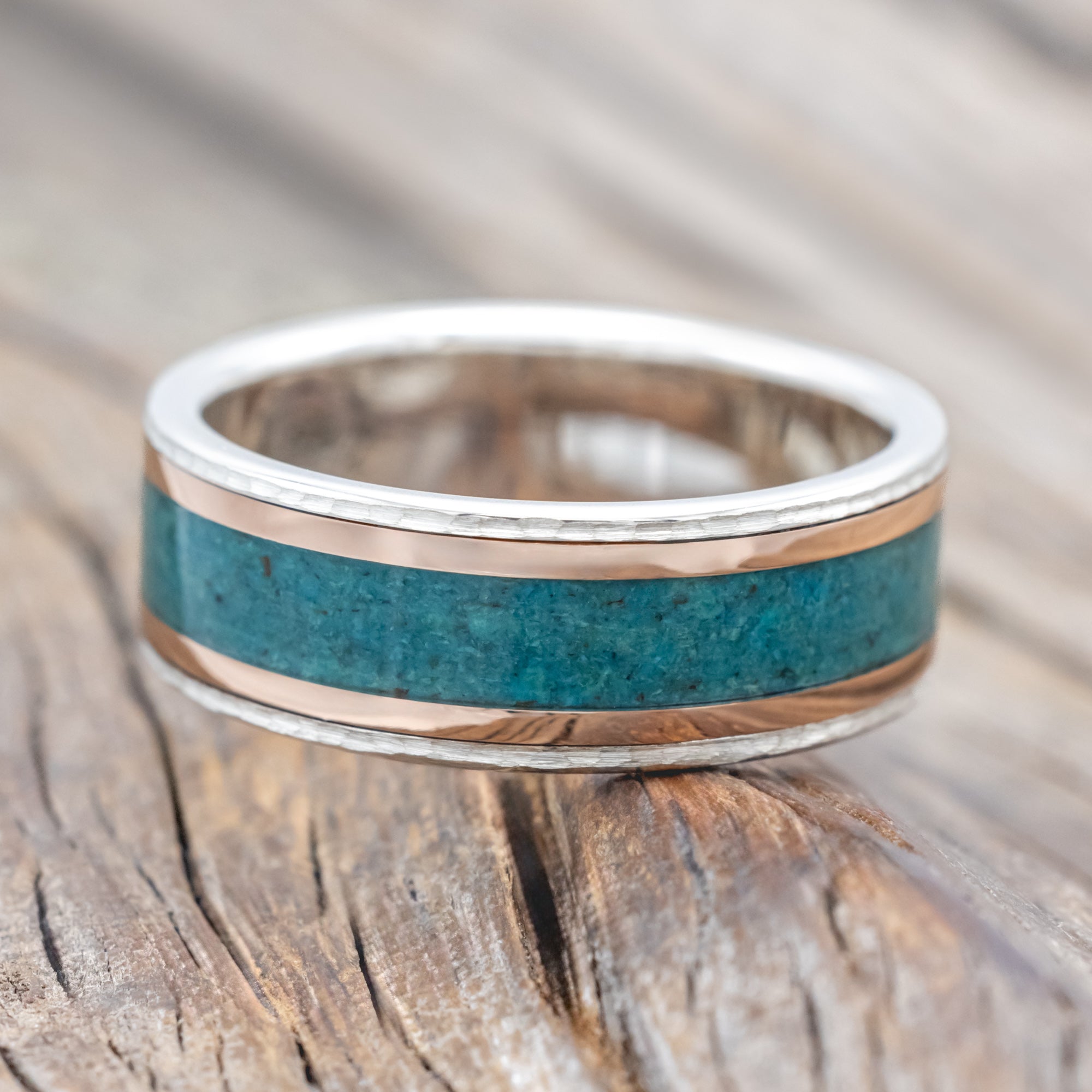 "HOLLIS" - CHRYSOCOLLA & 14K GOLD INLAYS WEDDING RING-Staghead Designs
