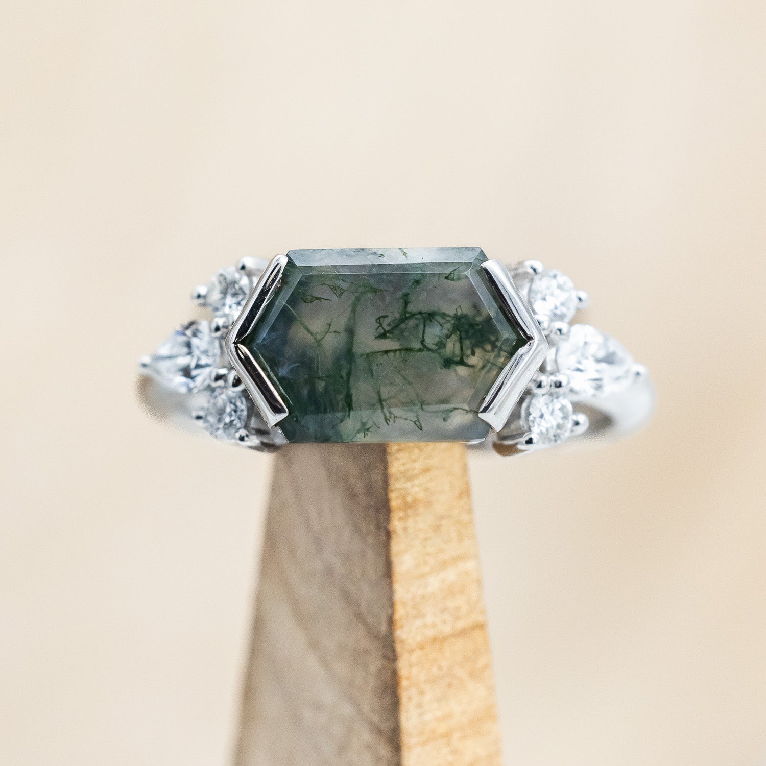 "SILVIA" - ELONGATED HEXAGON MOSS AGATE ENGAGEMENT RING WITH DIAMOND ACCENTS-Staghead Designs
