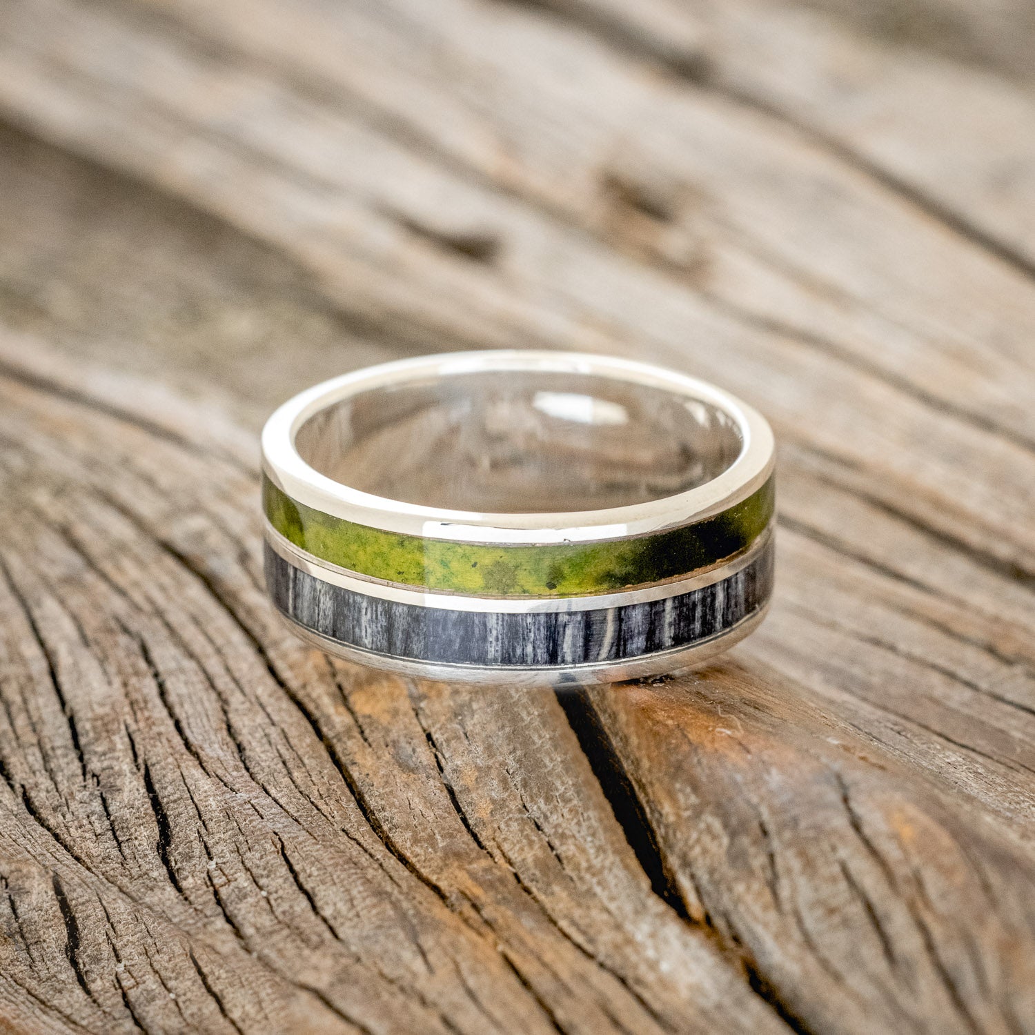 "DYAD" - MOSSY PATINA COPPER & GREY BIRCH WOOD WEDDING BAND-6