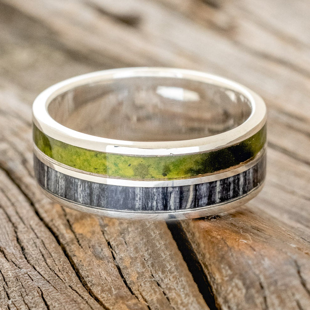 "DYAD" - MOSSY PATINA COPPER & GREY BIRCH WOOD WEDDING BAND-6
