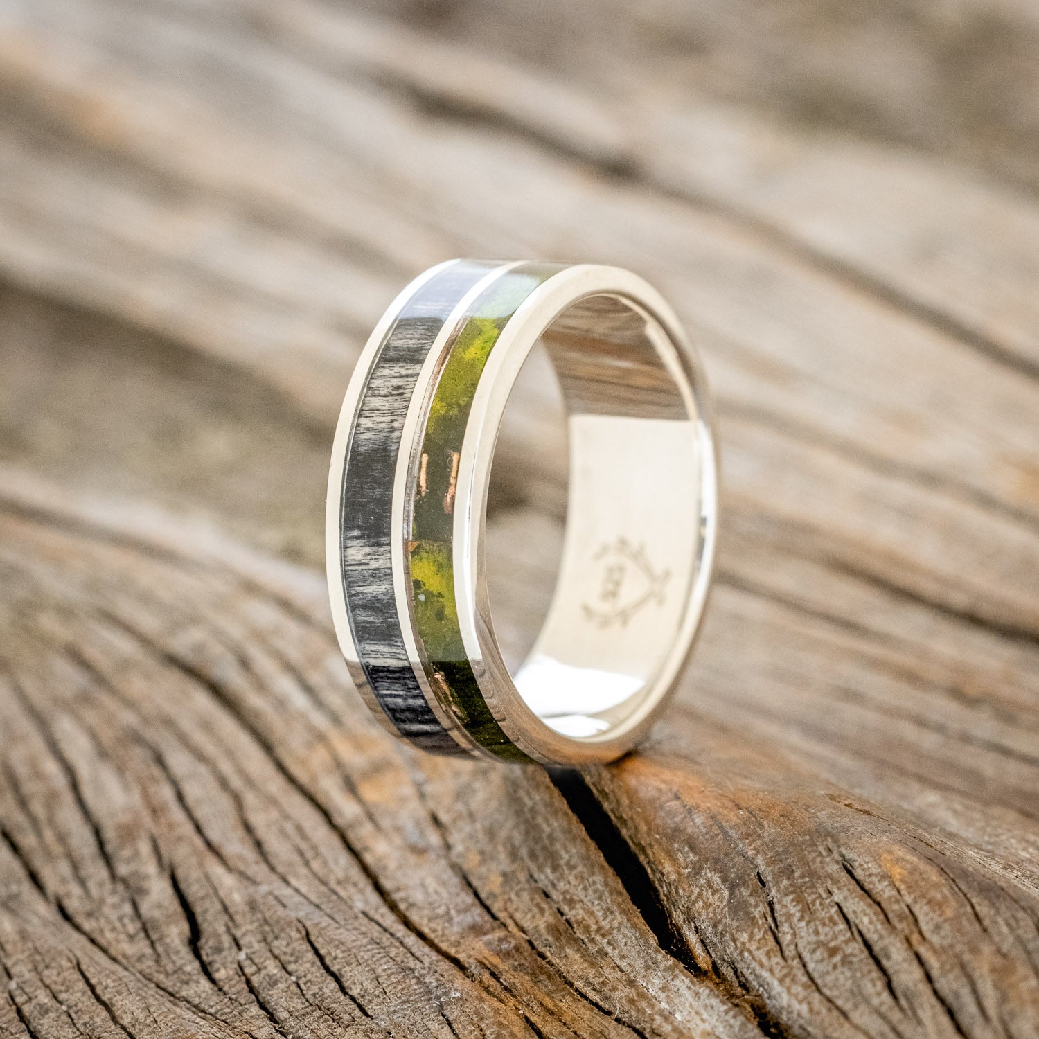 "DYAD" - MOSSY PATINA COPPER & GREY BIRCH WOOD WEDDING BAND-4