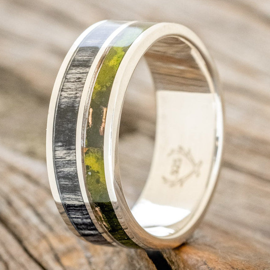 "DYAD" - MOSSY PATINA COPPER & GREY BIRCH WOOD WEDDING BAND-4