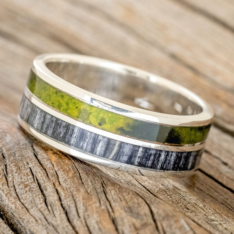 "DYAD" - MOSSY PATINA COPPER & GREY BIRCH WOOD WEDDING BAND-5