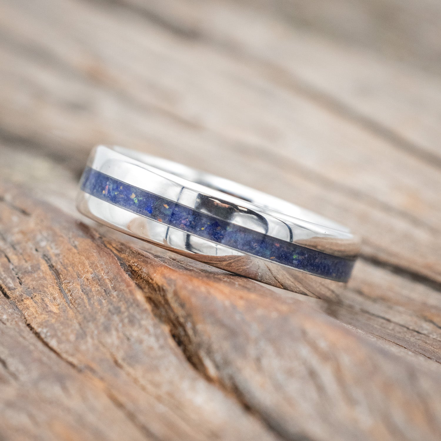 "NIRVANA" - WEDDING BAND WITH MIXED LAPIS LAZULI & FIRE & ICE OPAL INLAY-Staghead Designs