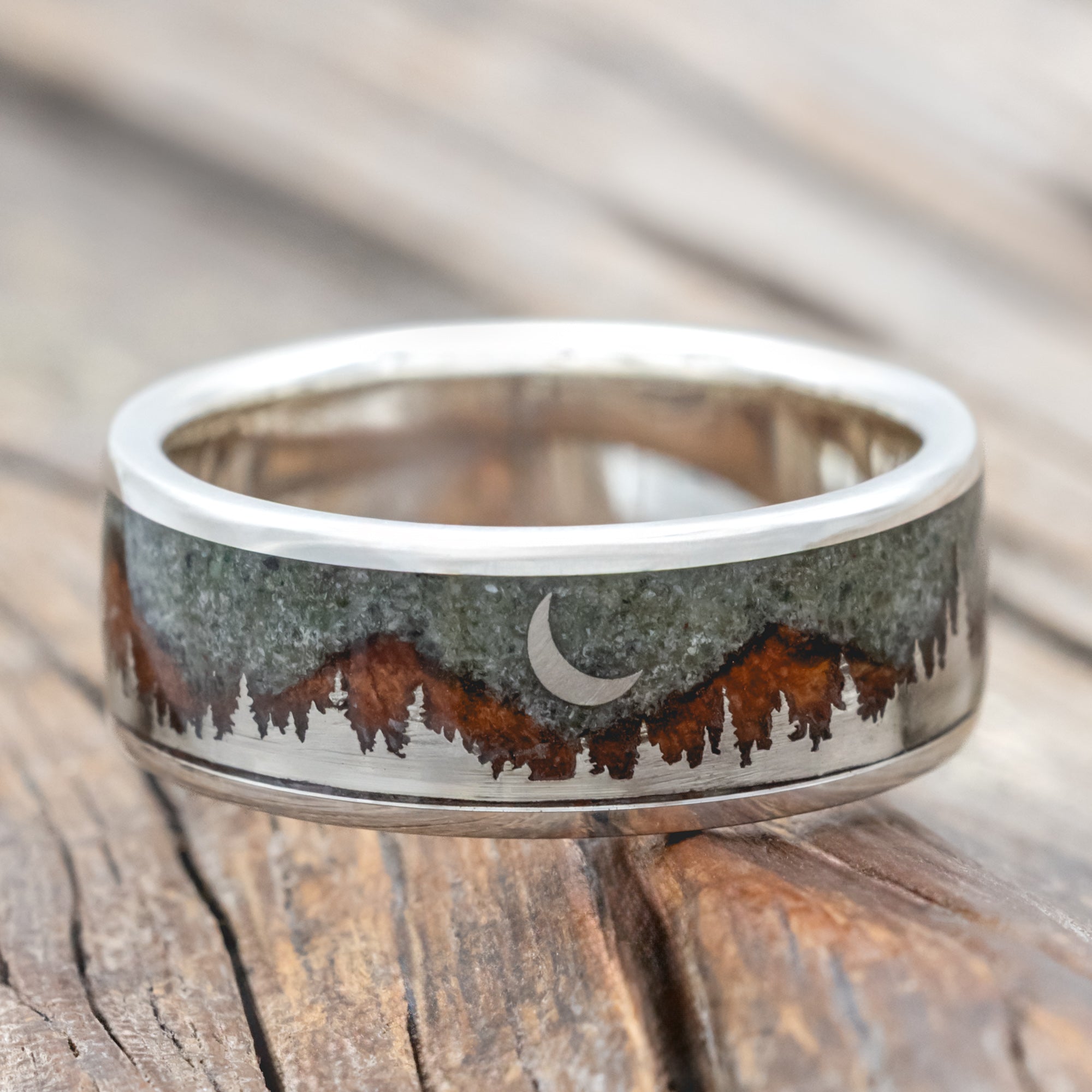 "Orion" - Moss Agate & Redwood Mountain Range Wedding Band With 14K Gold Tree & Crescent Moon Accents-Staghead Designs