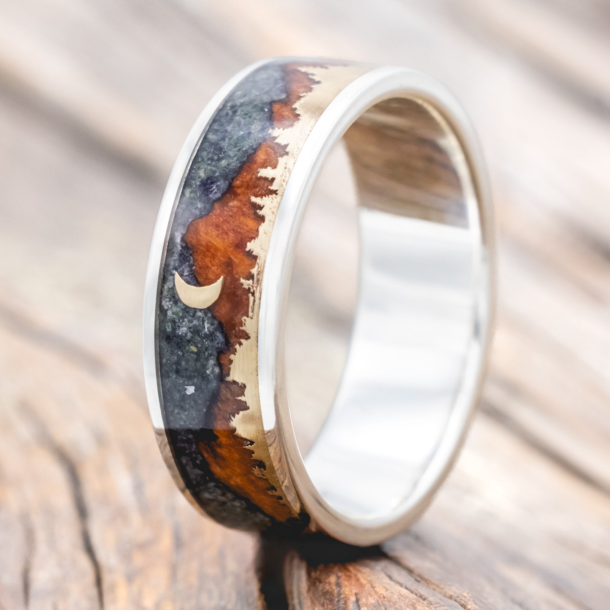 "ORION" - MOSS AGATE & REDWOOD TETON MOUNTAIN RANGE WEDDING BAND WITH 14K GOLD TREE & CRESCENT MOON ACCENTS-Staghead Designs