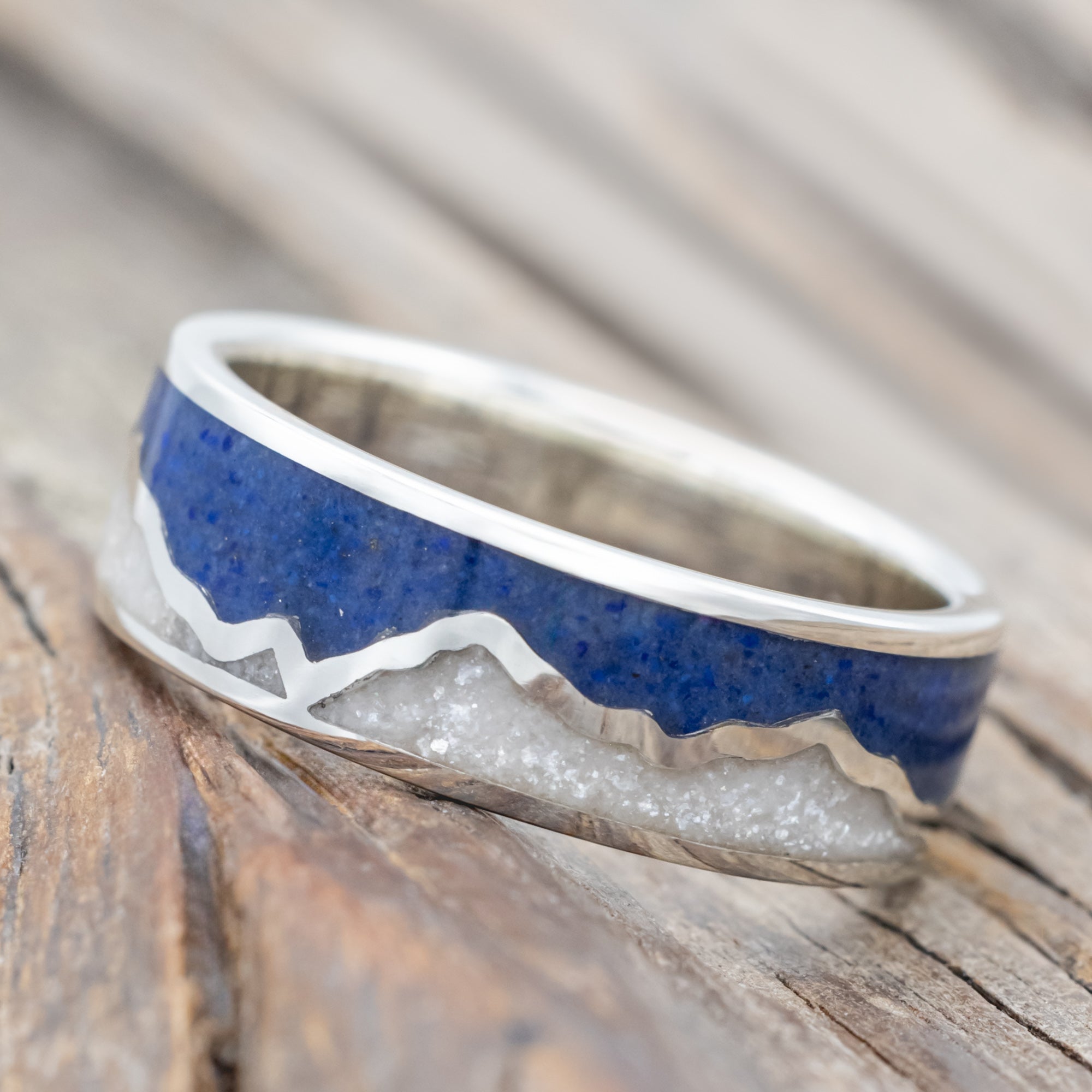 "Peak" - Diamond Dust & Lapis Lazuli Inlay With Mountain Range Wedding Band-Staghead Designs