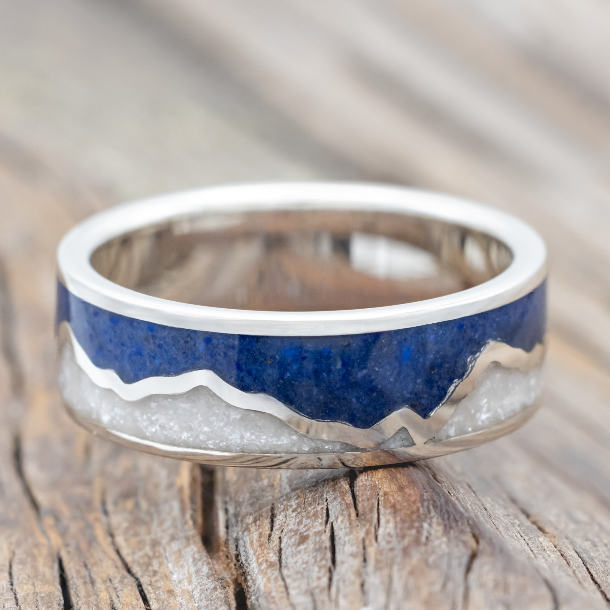 "Peak" - Diamond Dust & Lapis Lazuli Inlay With Mountain Range Wedding Band-Staghead Designs
