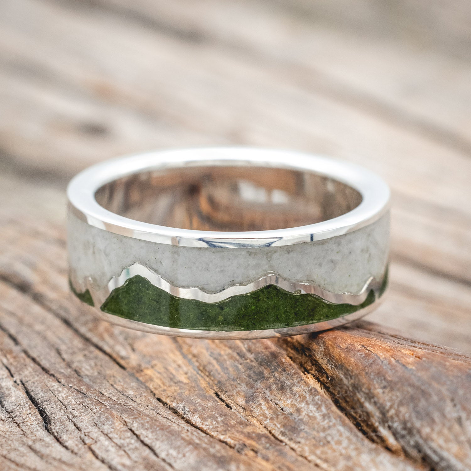 "PEAK" - MOSS & GRANITE INLAY WITH MOUNTAIN RANGE WEDDING BAND-Staghead Designs