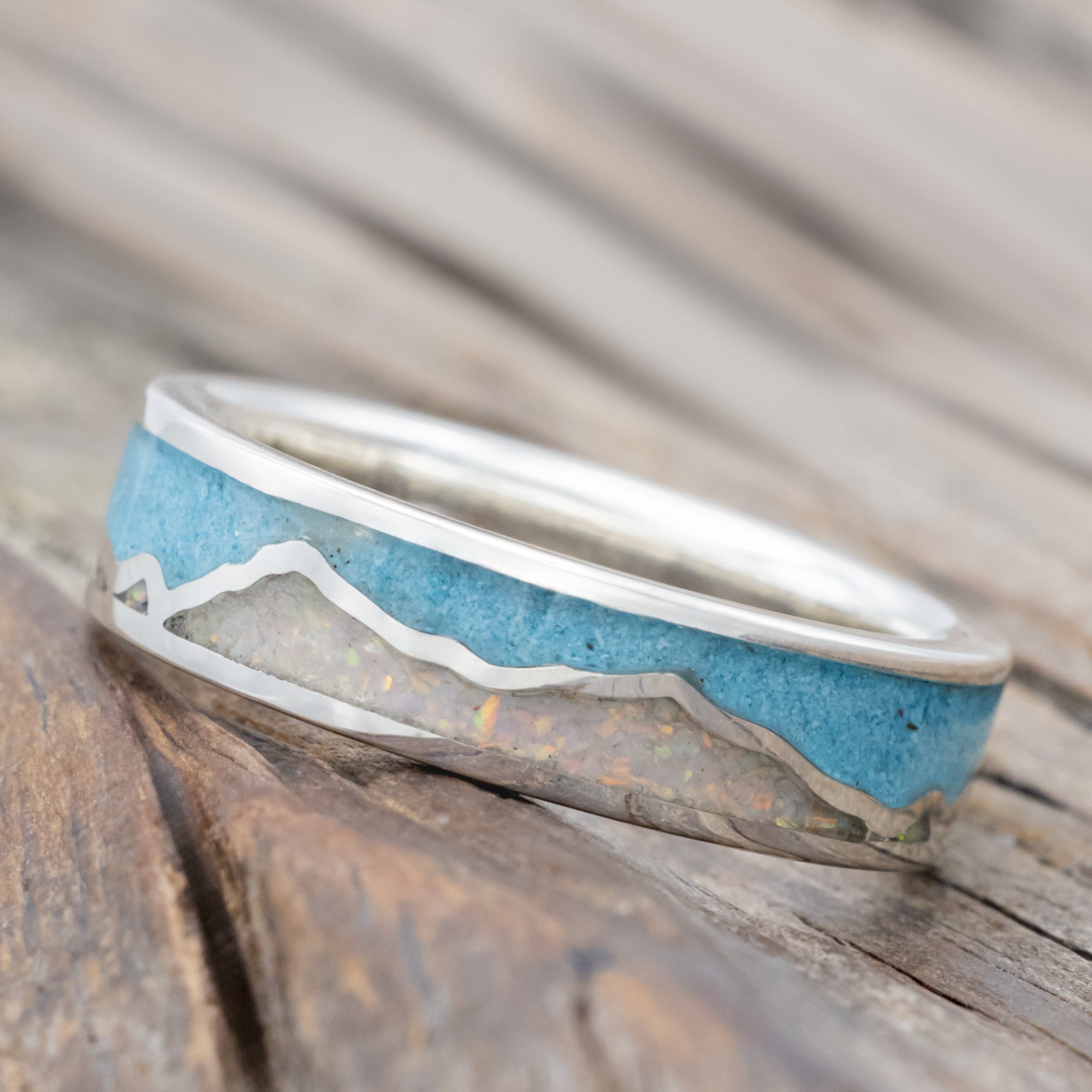 "Peak" - White Opal & Turquoise Inlay With Silver Mountain Range Wedding Band