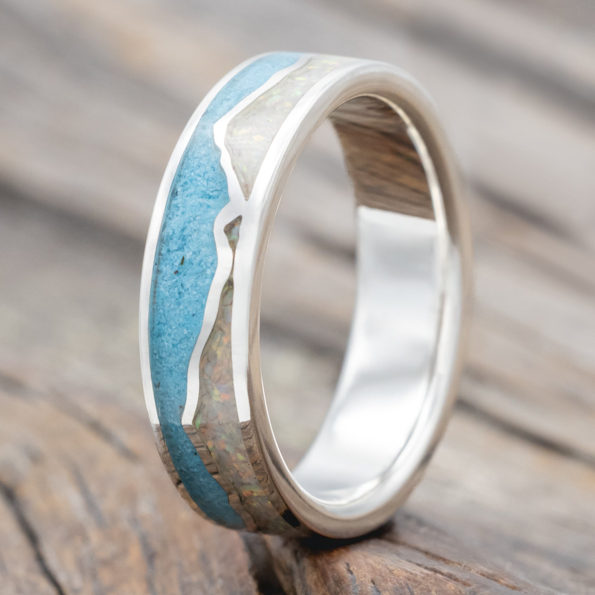 "Peak" - White Opal & Turquoise Inlay With Silver Mountain Range Wedding Band